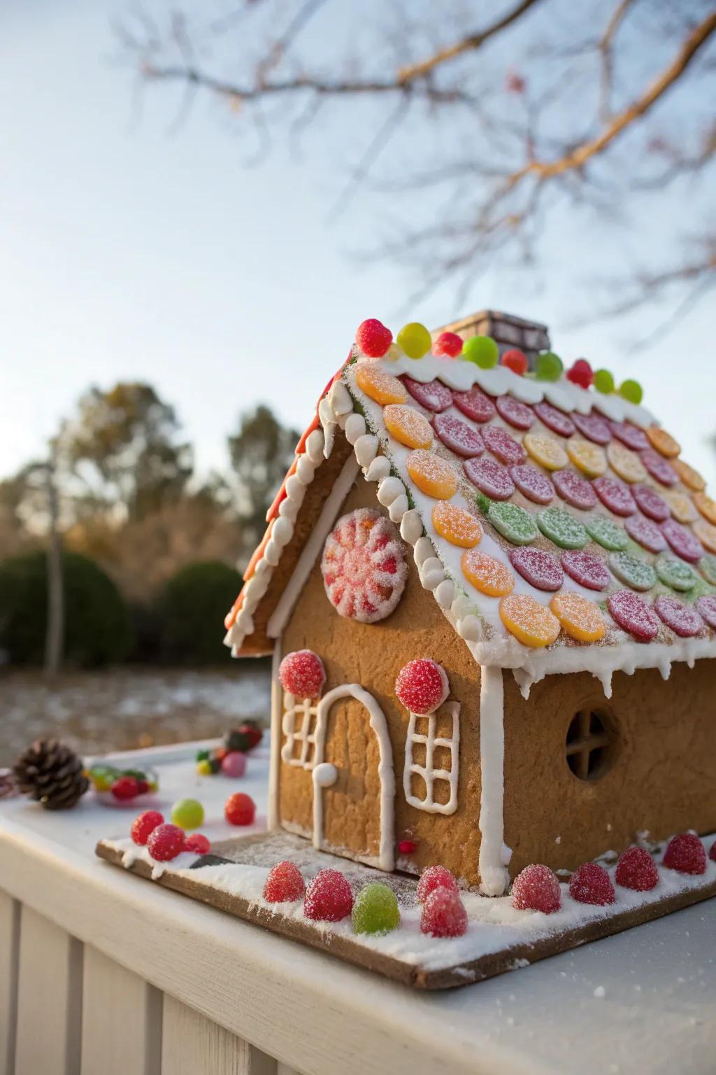 A vibrant rooftop fashioned from colorful fruit hide segments.