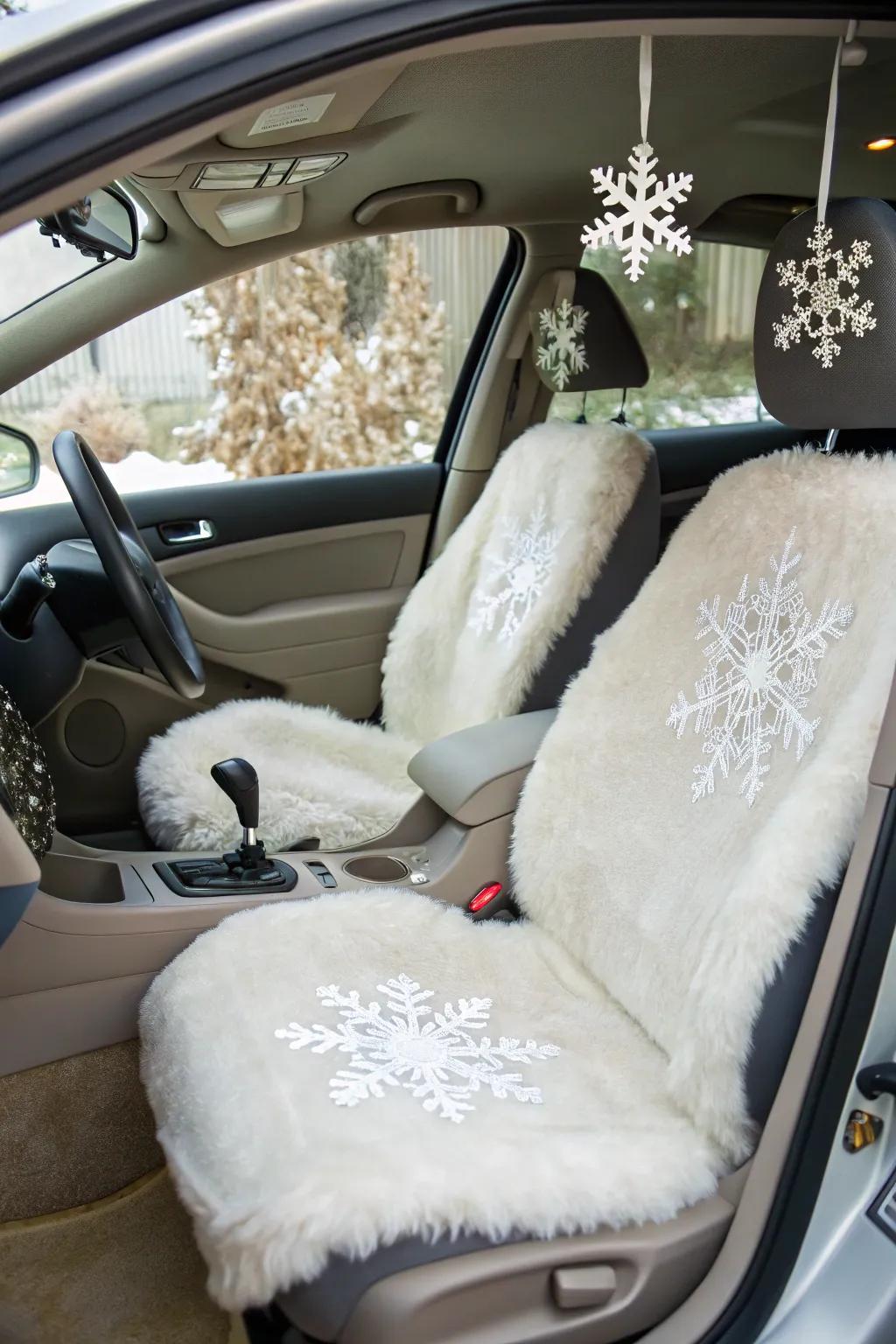 A car interior radiating warmth and charm with a winter wonderland theme.
