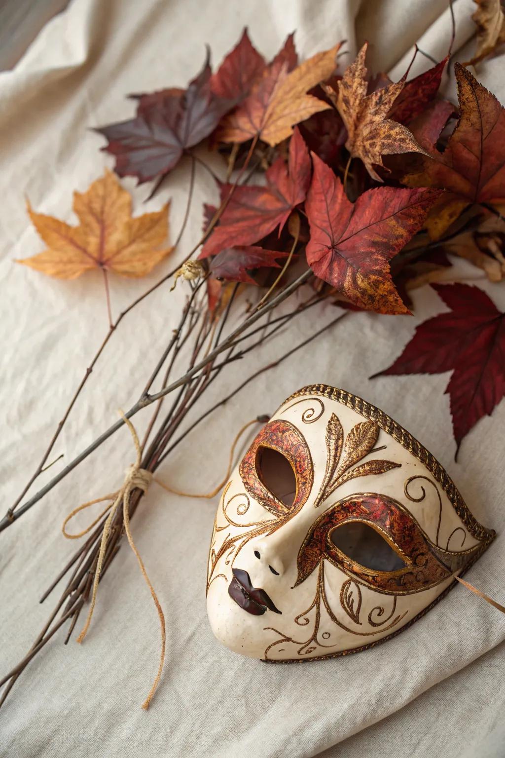 Embrace the magic of nature with this exquisitely crafted carnival mask, perfect for adding a touch of earthy elegance to your autumn festivities.