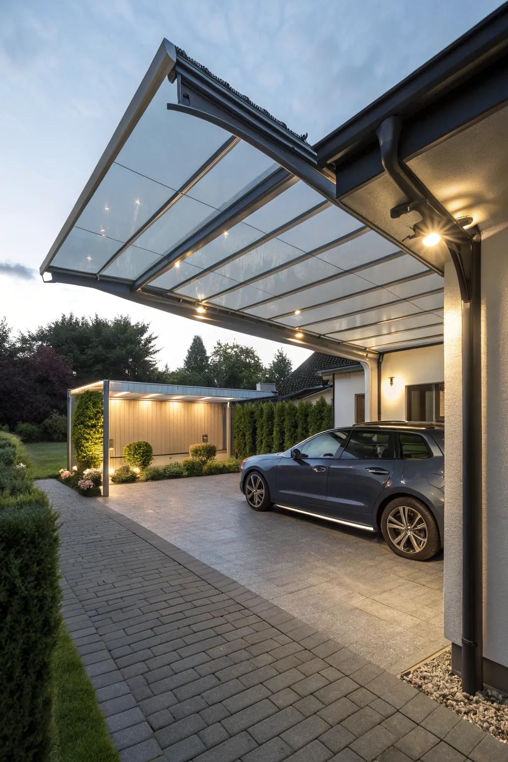 A carport with a retractable roof, offering flexibility and modern convenience.