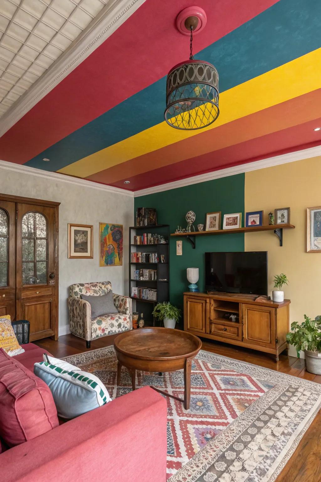 Strong colours on the ceiling fashion a striking and energetic atmosphere.