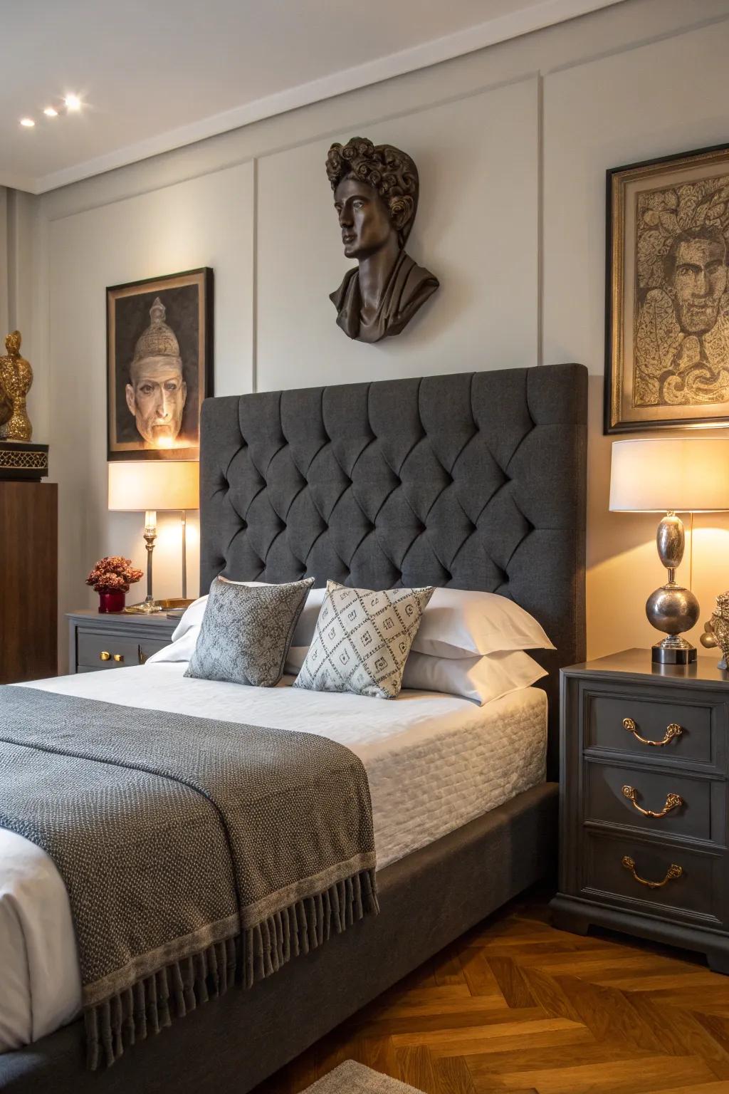 Artistic elements personalize and elevate a dark grey headboard space.