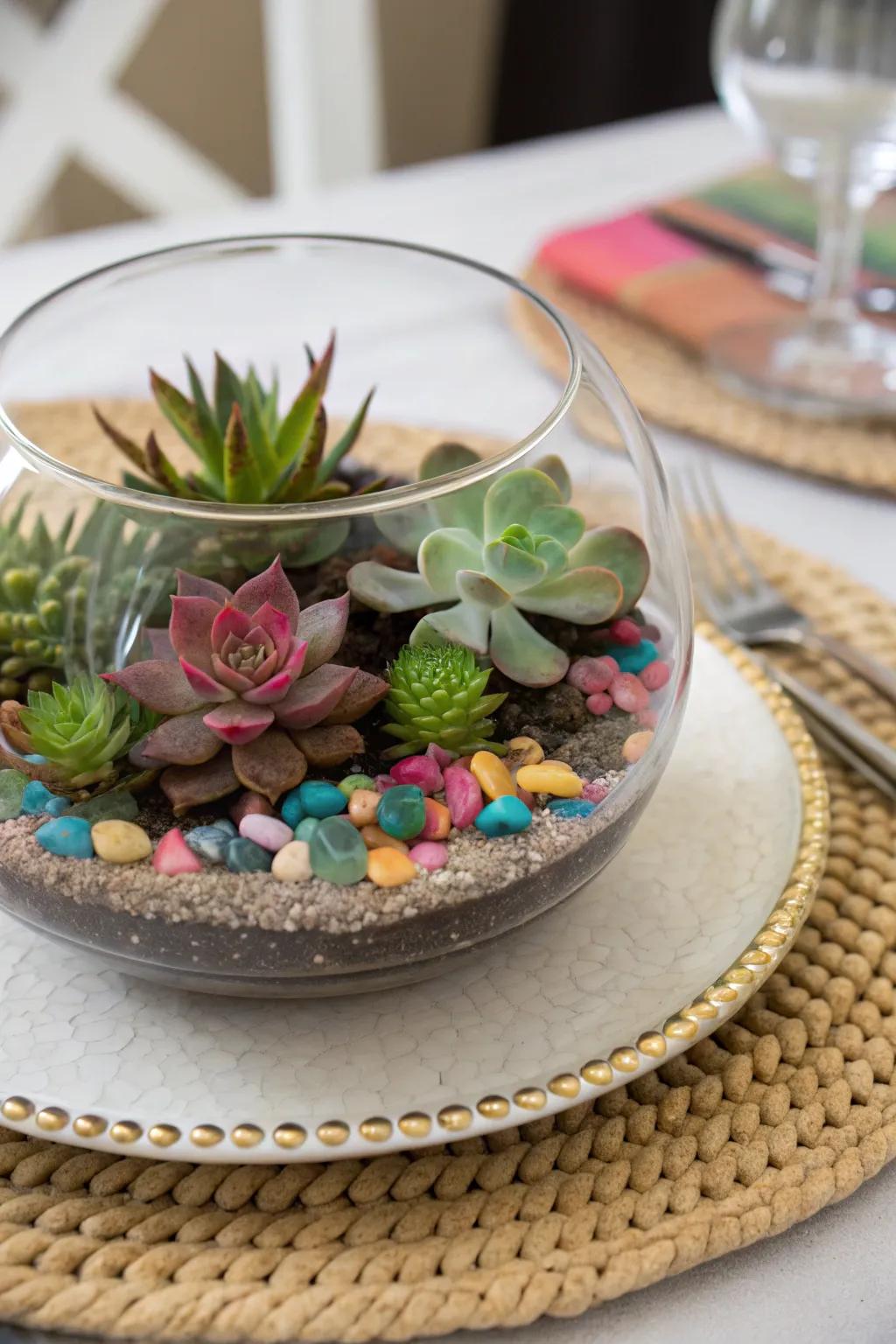 Unleash creativity using a do-it-yourself terrarium to highlight your table.