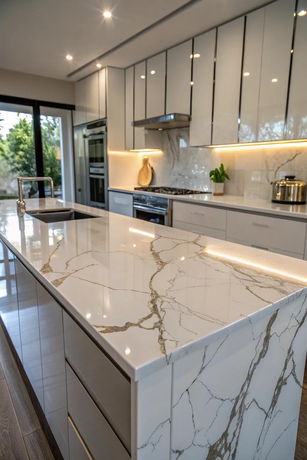 Stylish kitchen with glossy liquid coated countertops.