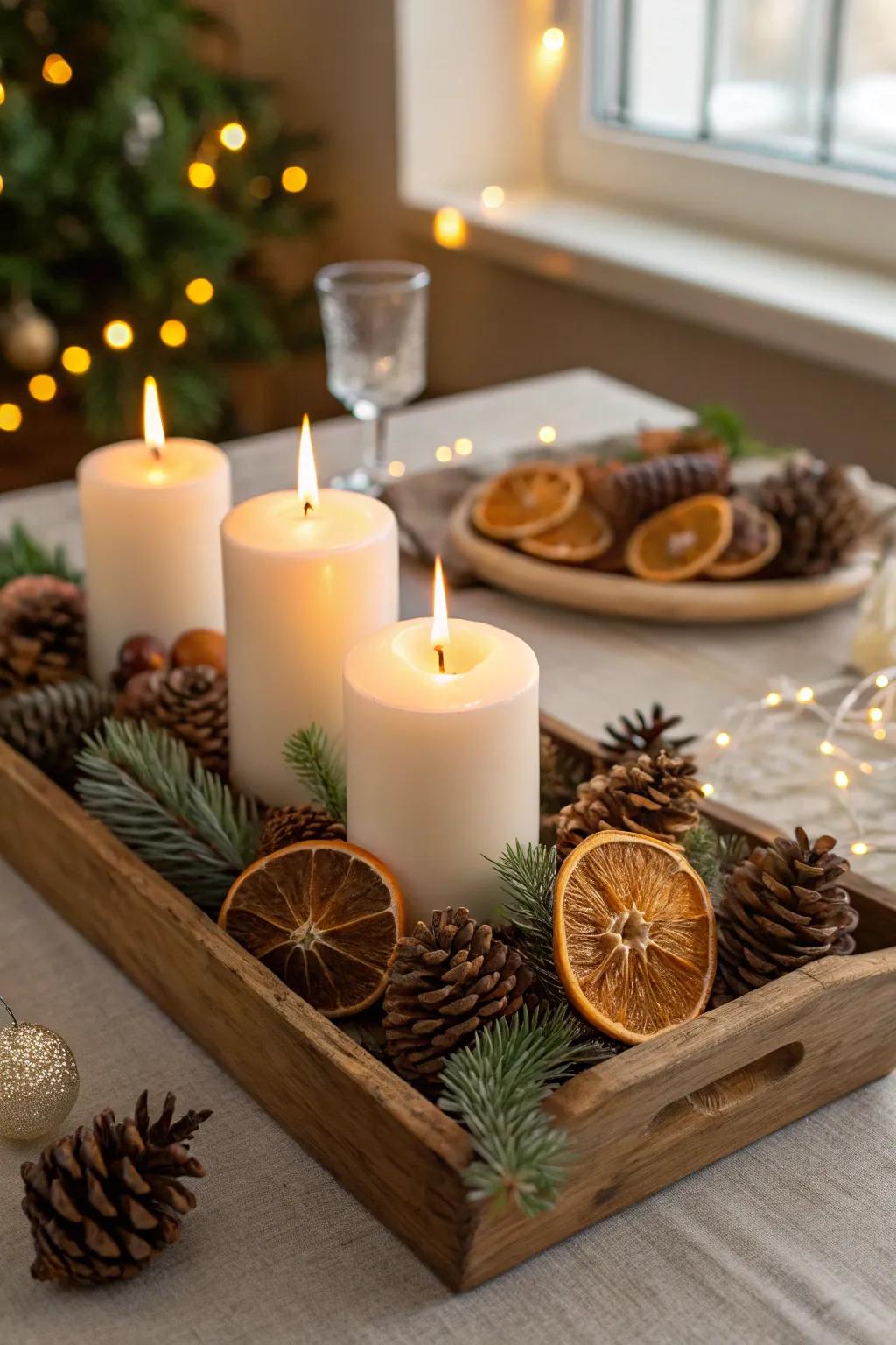 A down-to-earth light dish designs a warm and inviting holiday centerpiece.