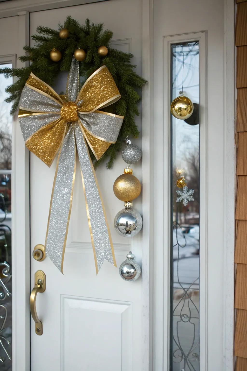 Glam up your entrance with a gilded and silvered bow.