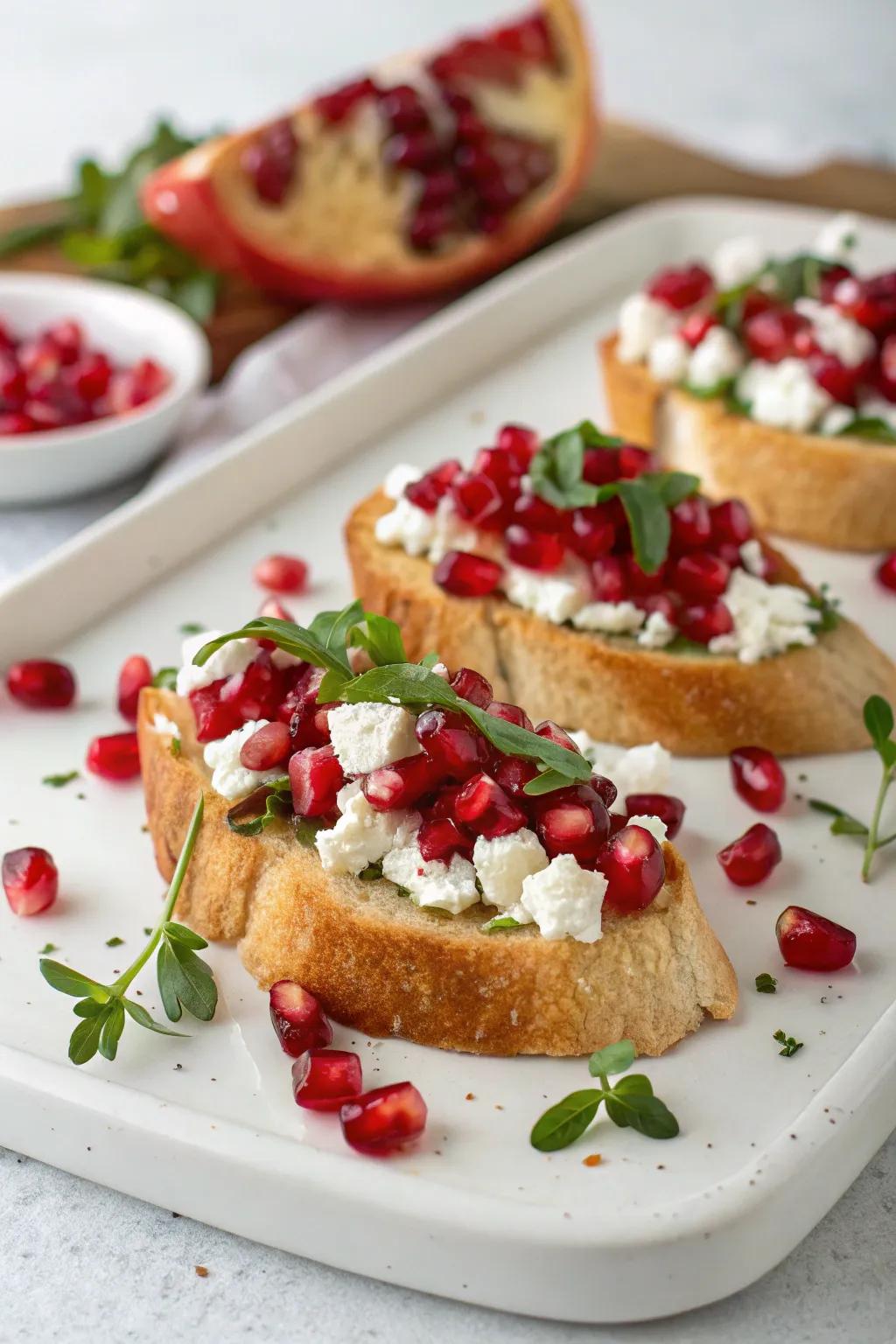 Ruby seed and soft cheese crostini bring a burst of holiday color.