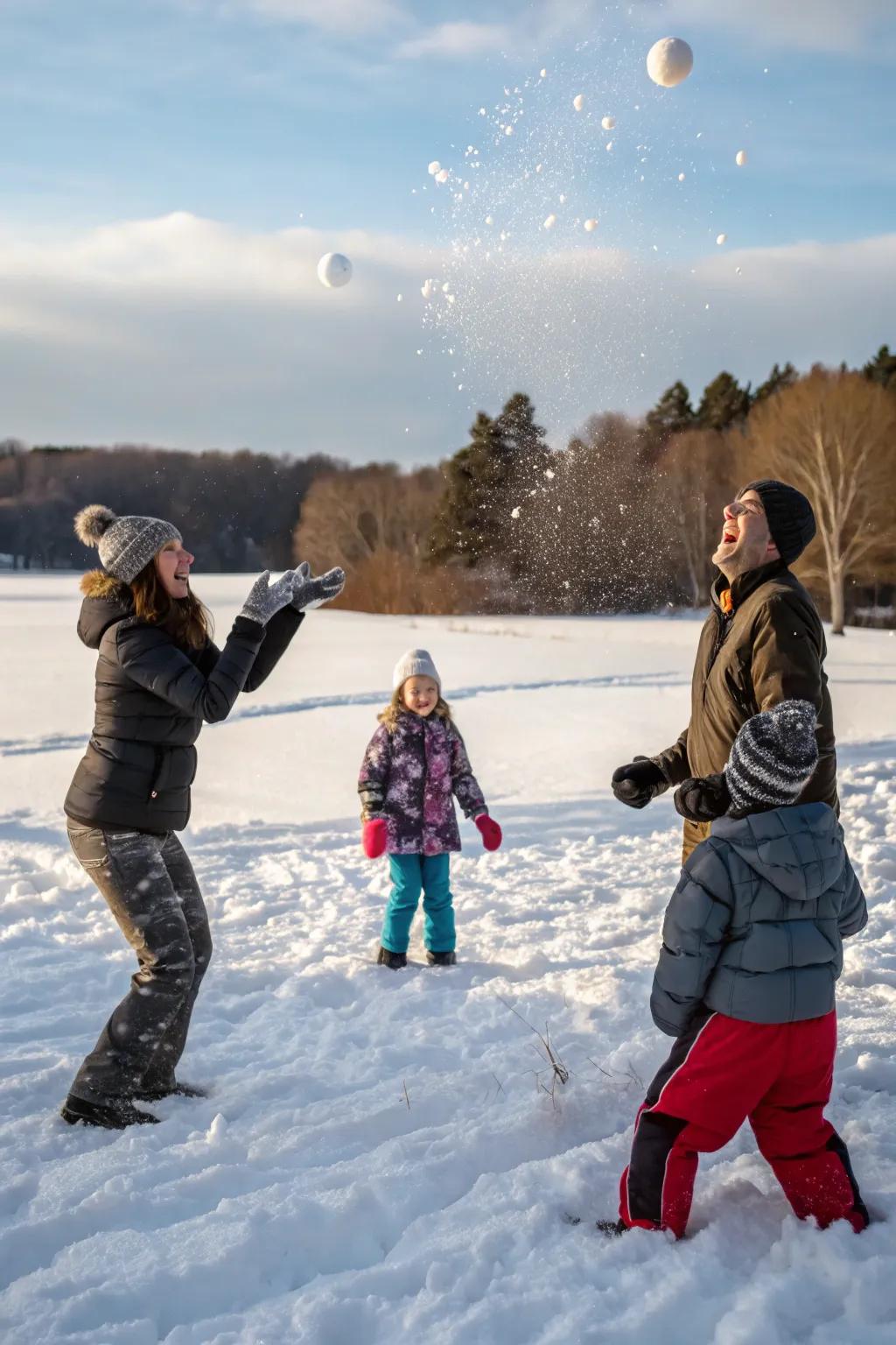 A snowball fight elicits joy in family photos.