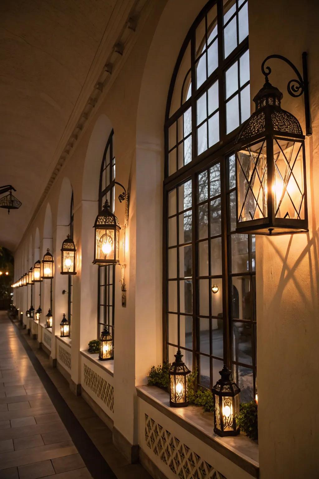 Lanterns brimming with lights line the windows, forming a snug display.
