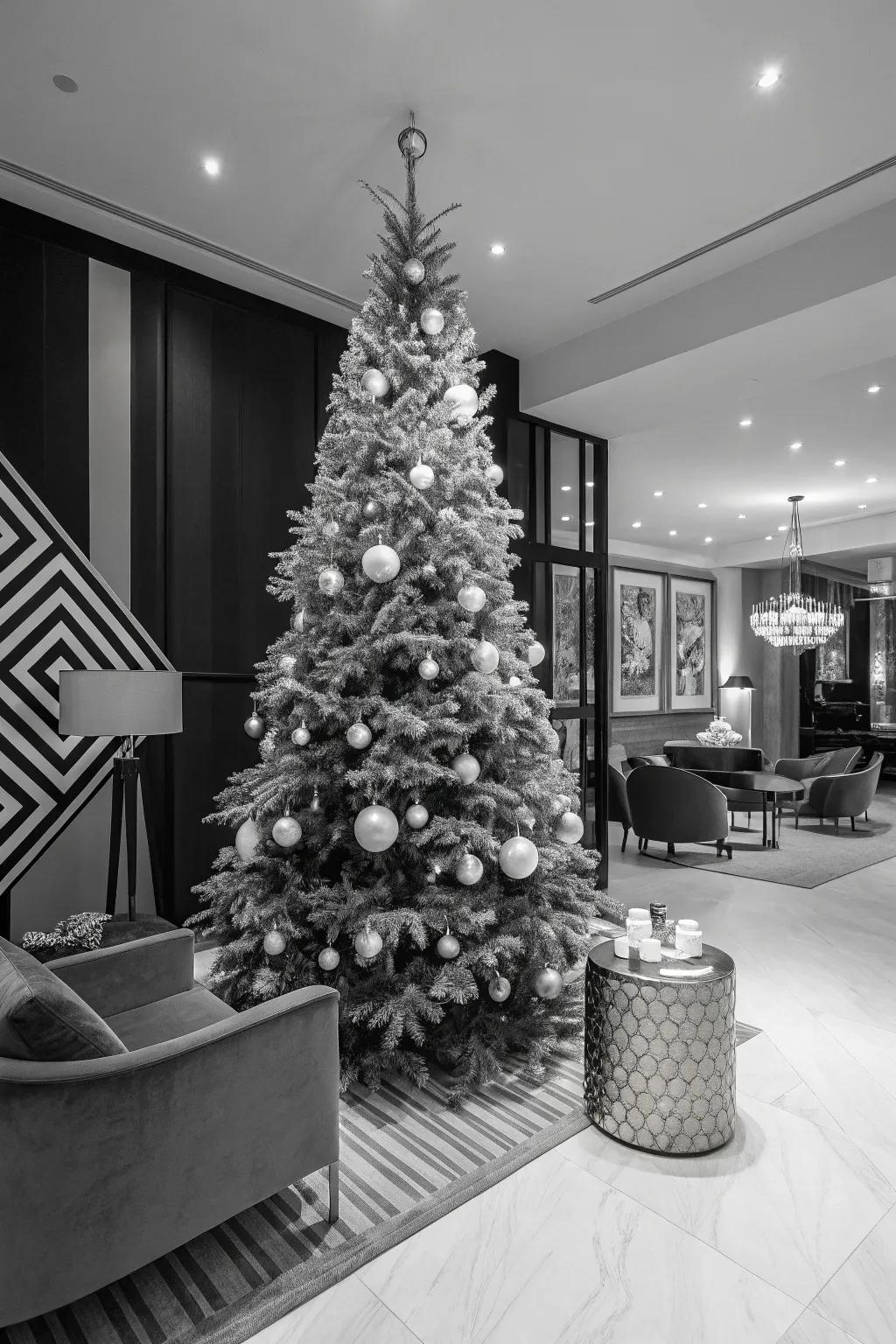 A grayscale theme appends contemporary refinement to your Christmas tree.