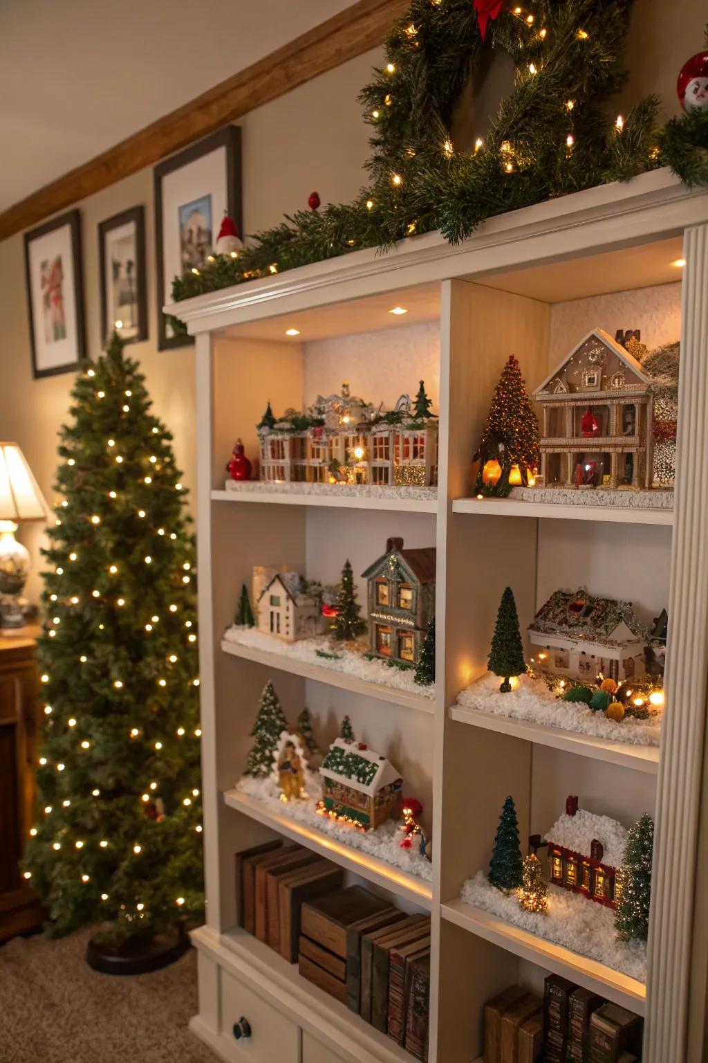 A bookshelf provides a cozy, layered display for your Christmas village.