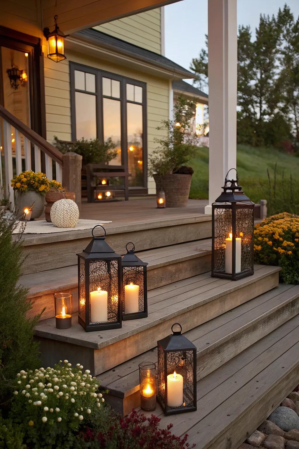 Porch steps decorated with lamps and flameless lights.
