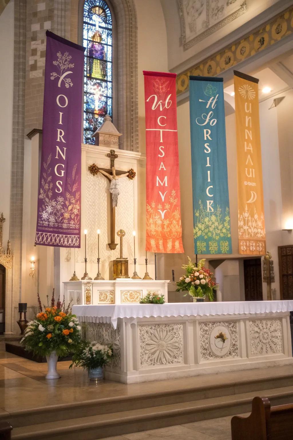 An altar adorned with customized flags displaying meaningful scriptures.