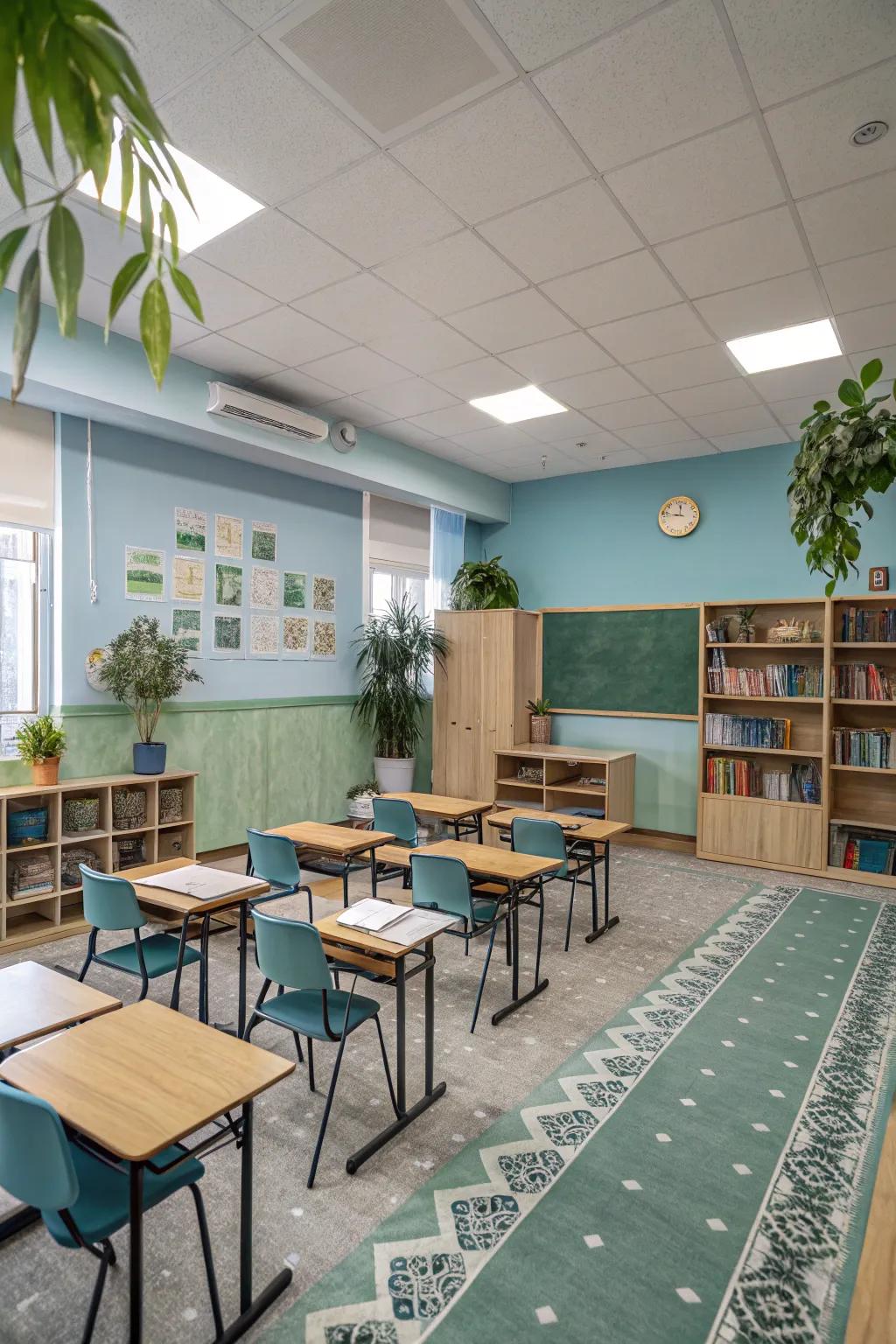 Calm colors establish a peaceful and focused atmosphere.