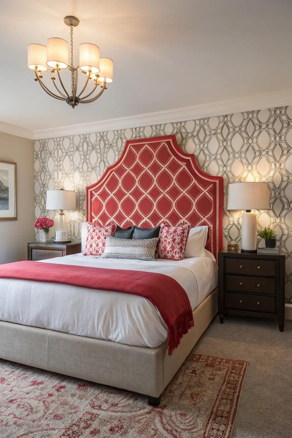 A statement headboard elevates the room's design.