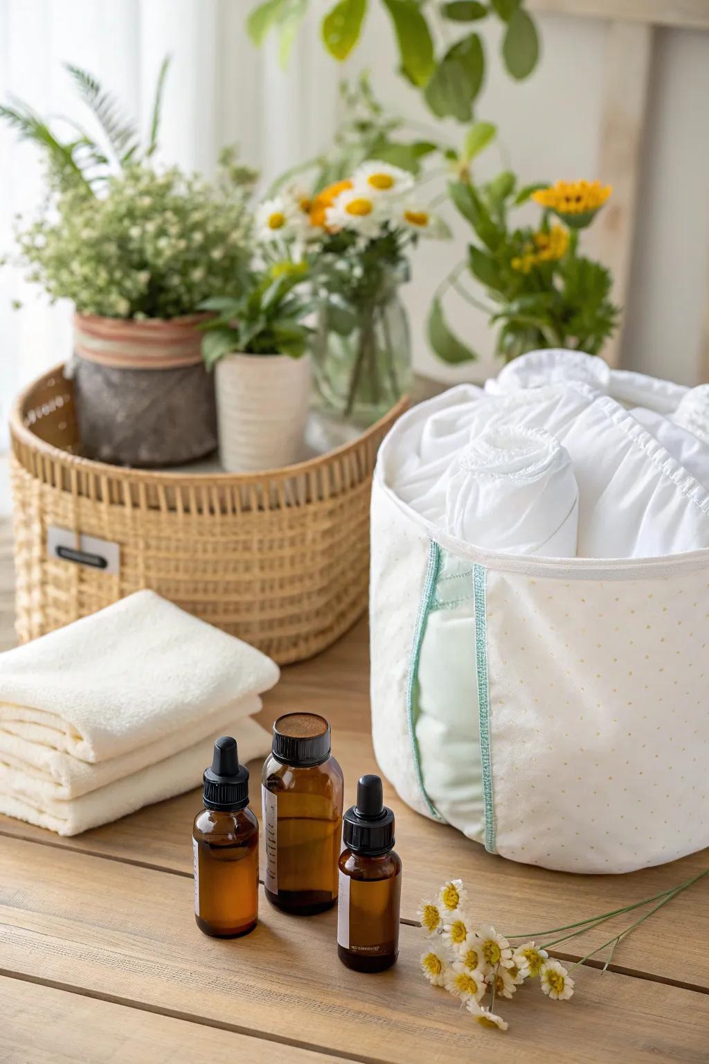 Essential oils present a natural method to sustain freshness within your cloth linen container.