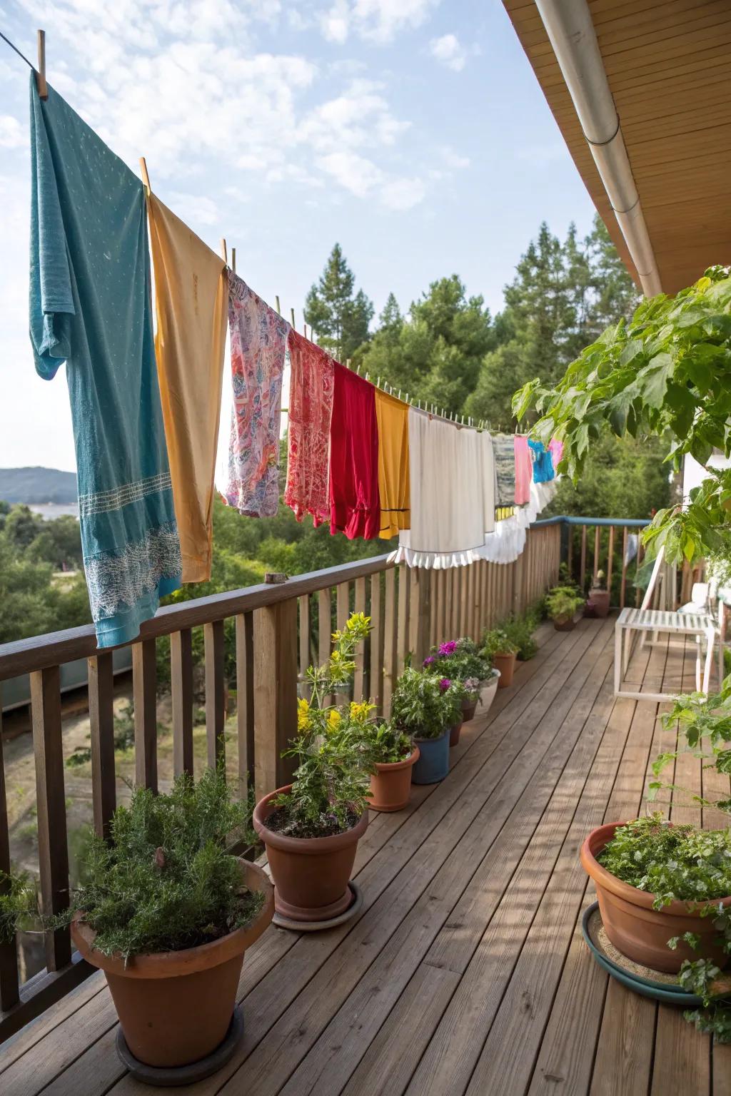 An elevated patio with a practical clothesline solution.