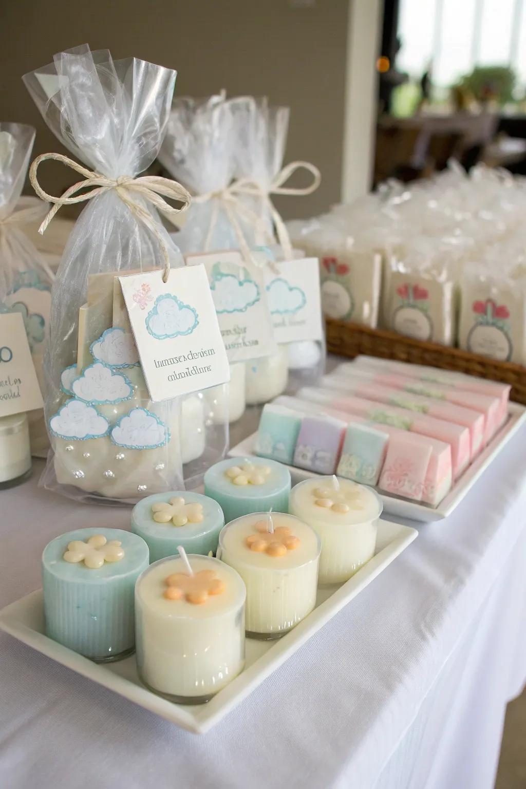 Cumulus-themed favors offer a memorable keepsake for attendees to take home.