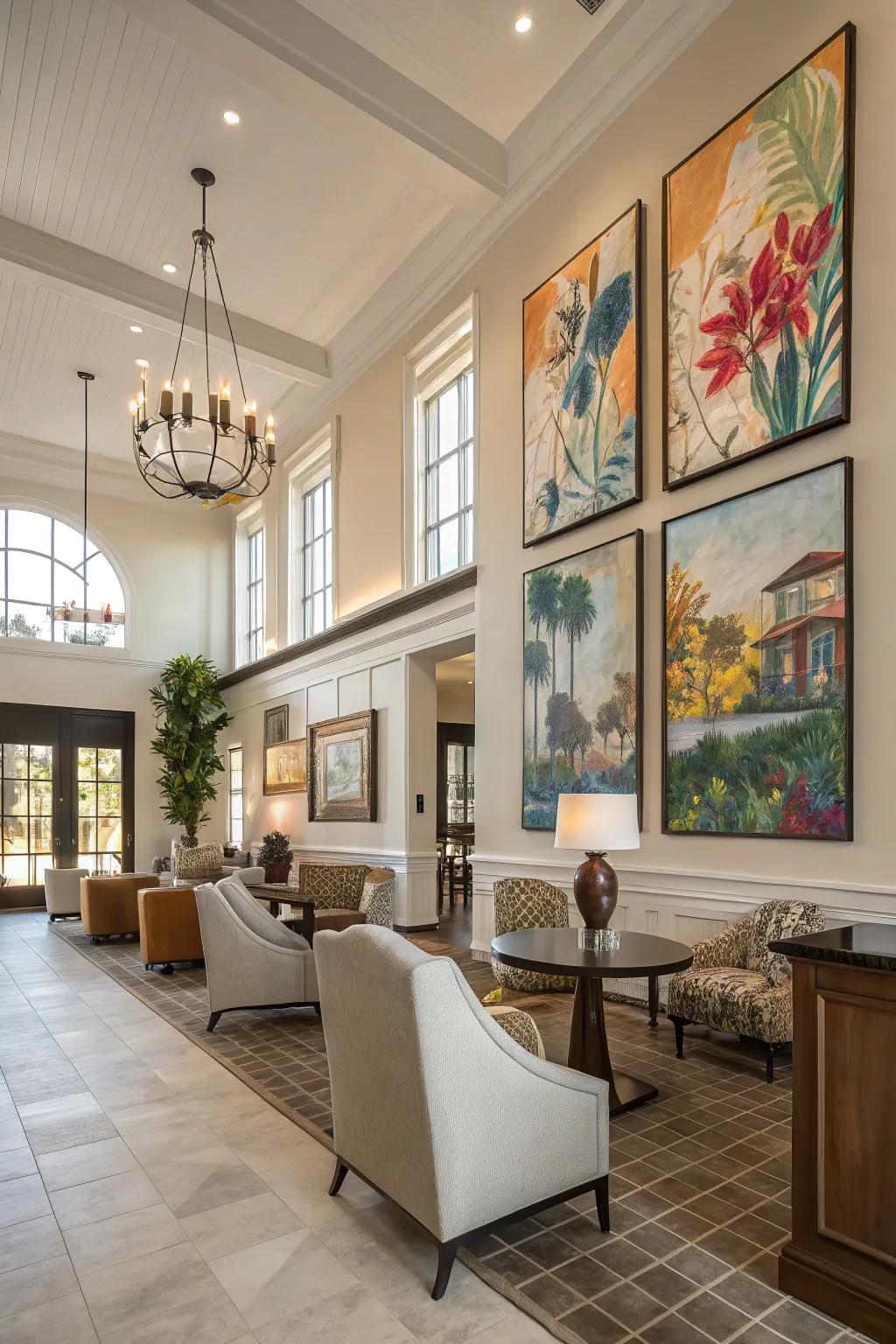 Bold art pieces defining the personality of a clubhouse.
