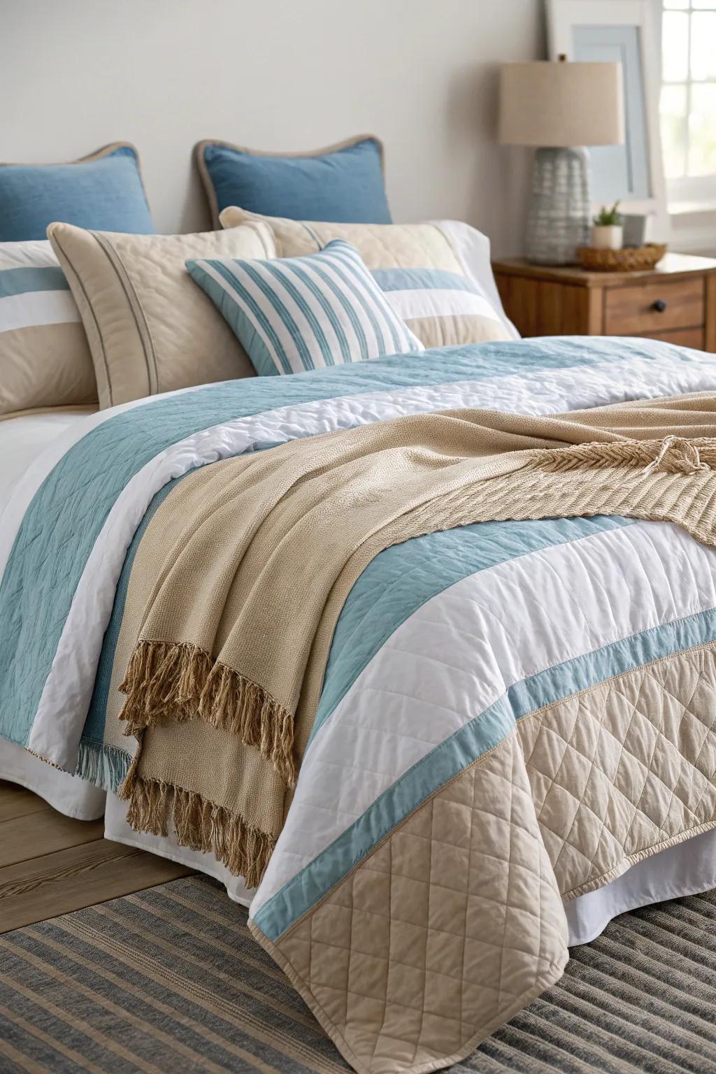 Layered bedding adds depth and luxury to the coastal look.