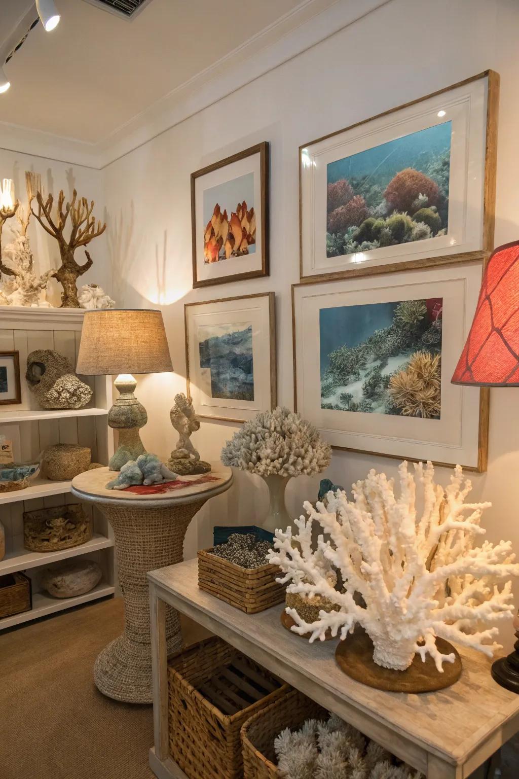 Coral decor adding elegance and playfulness to the space.