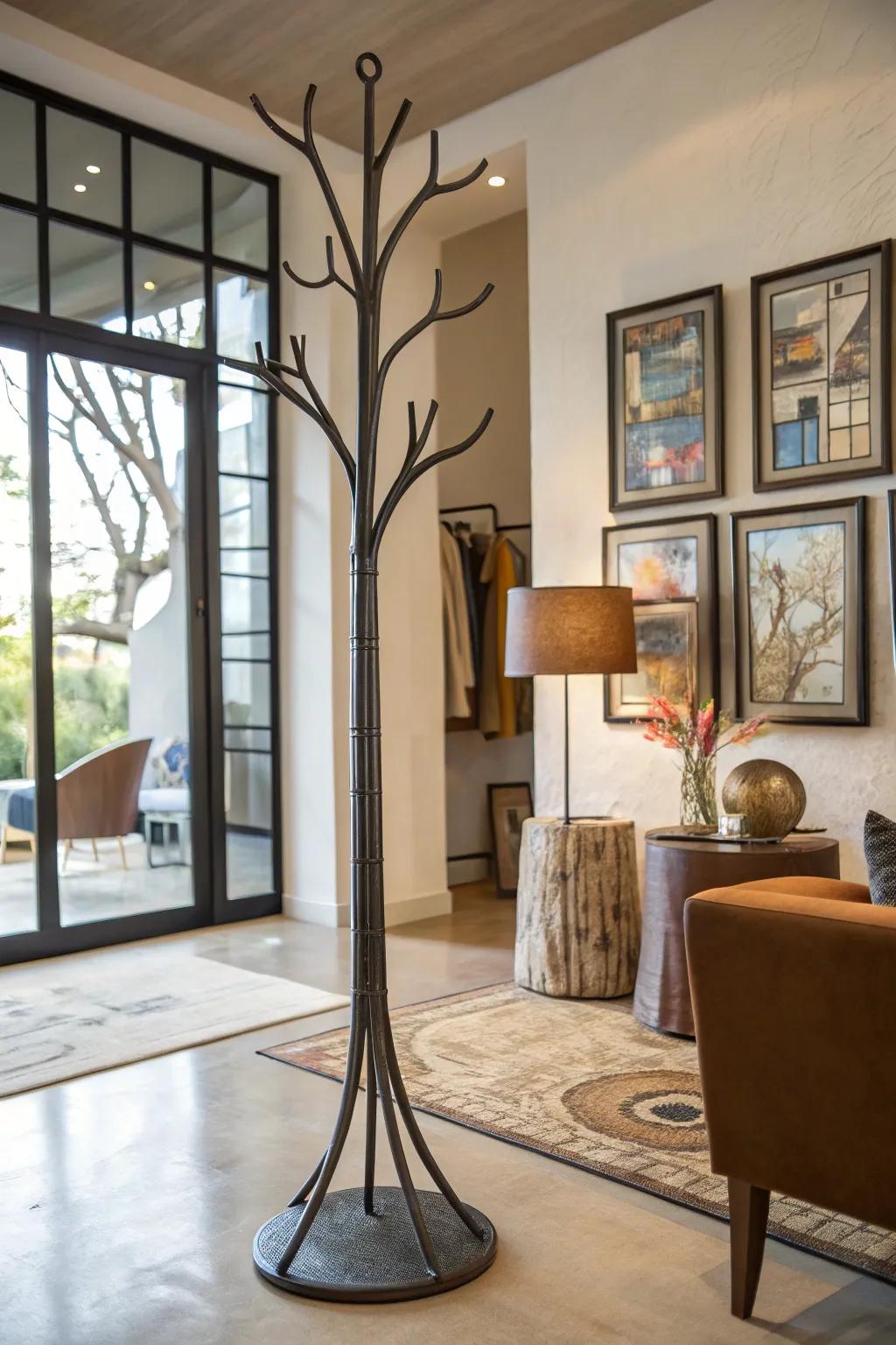A metallic arboreal branch coat stand, doubling as an artistic sculpture in the home.