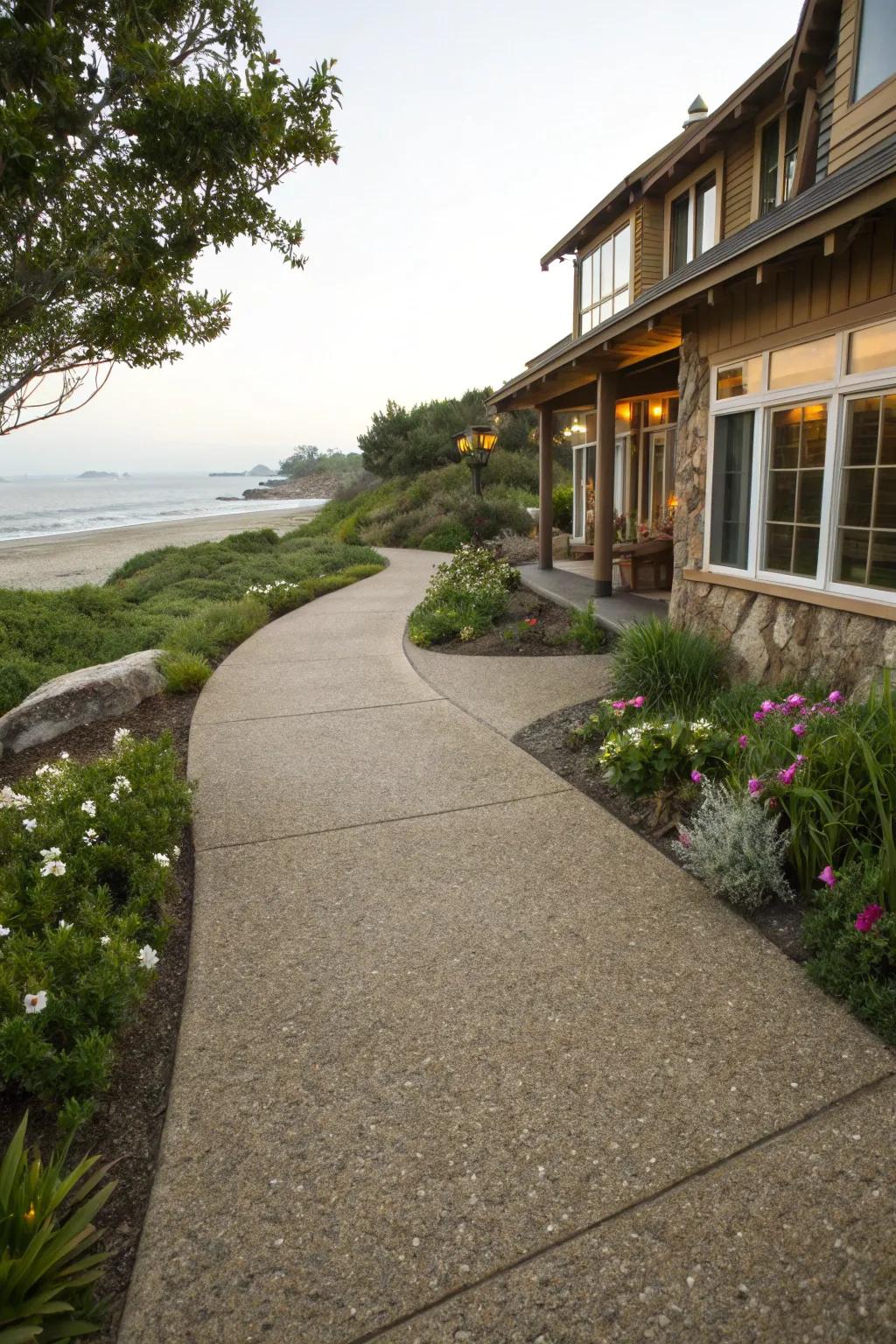 Exposed aggregate walkways offer a textured, natural aesthetic.