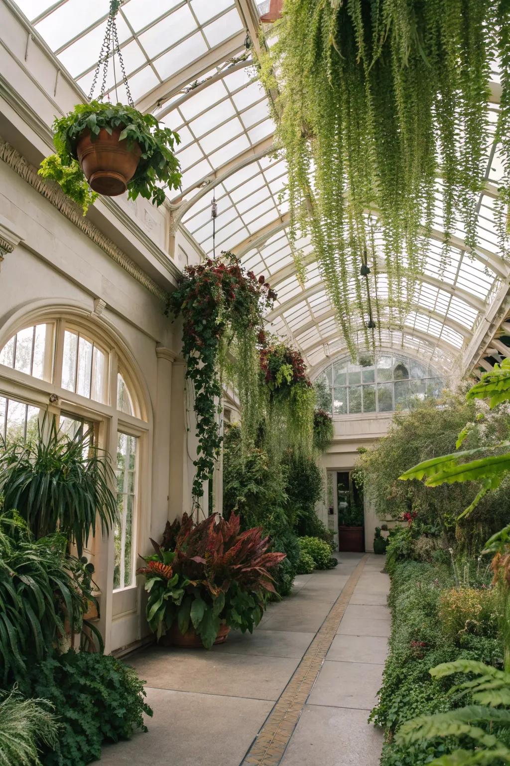 Suspended greenery injecting a whimsical flourish into a sunroom.