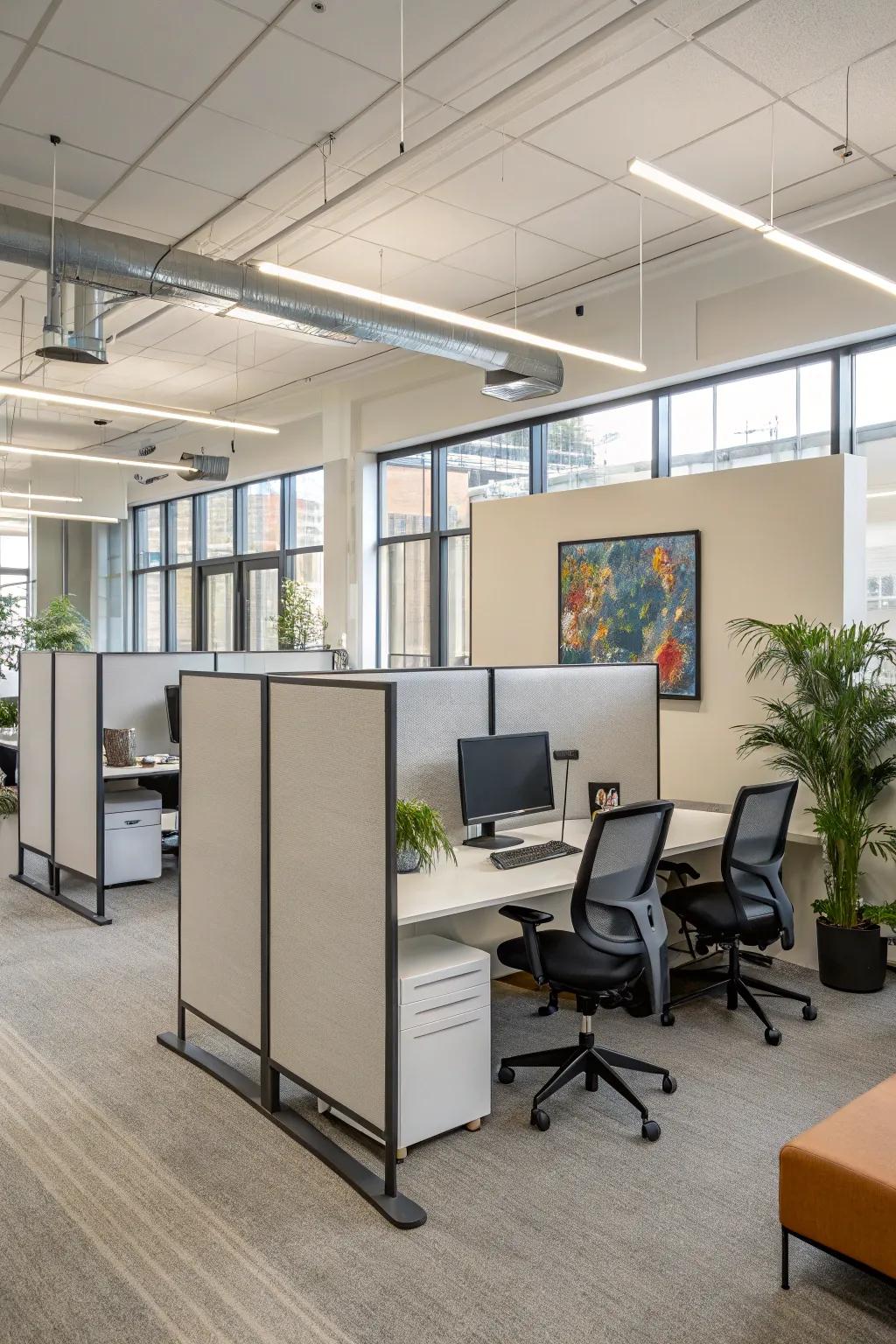 Movable partitions provide flexibility in an office layout.