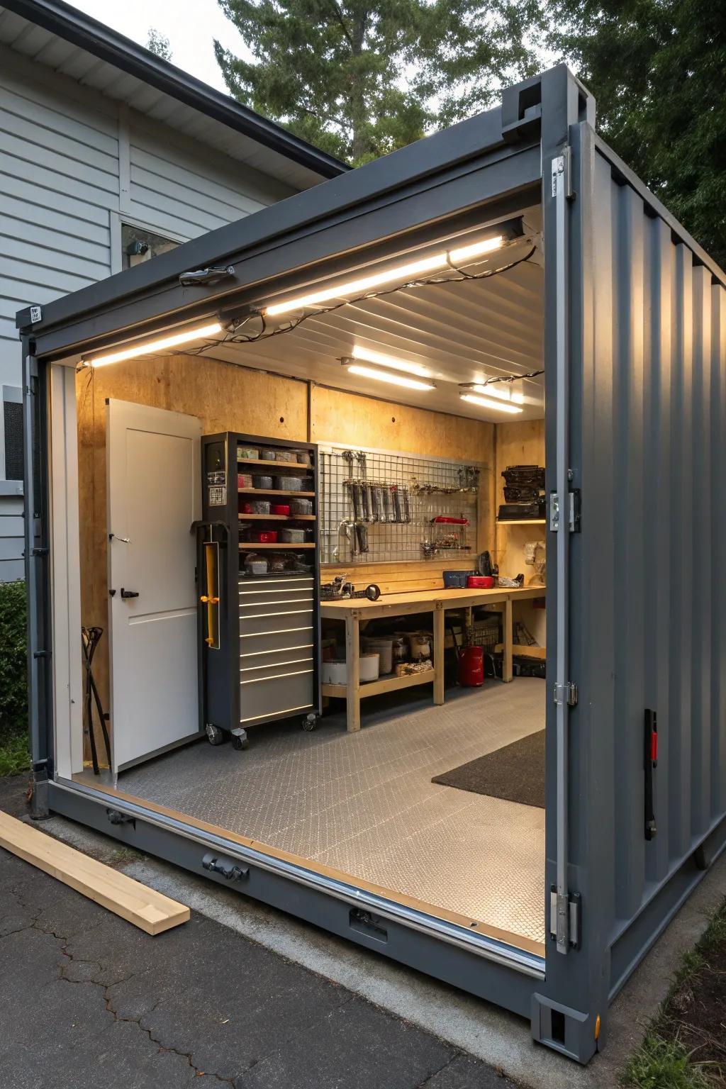 A shipping container reimagined as a functional separate vehicle shelter.