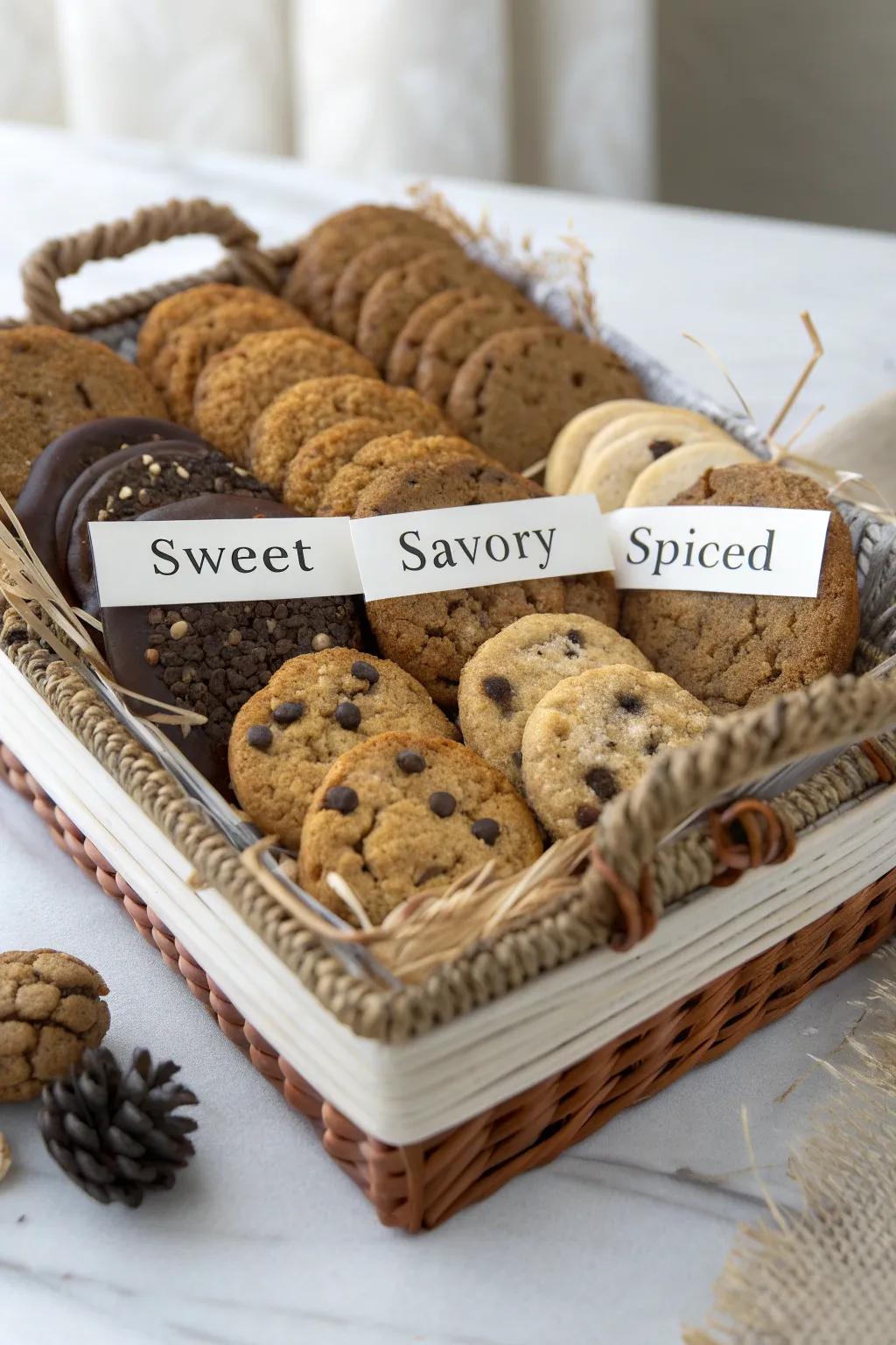 Themed baskets cater to diverse cookie preferences.