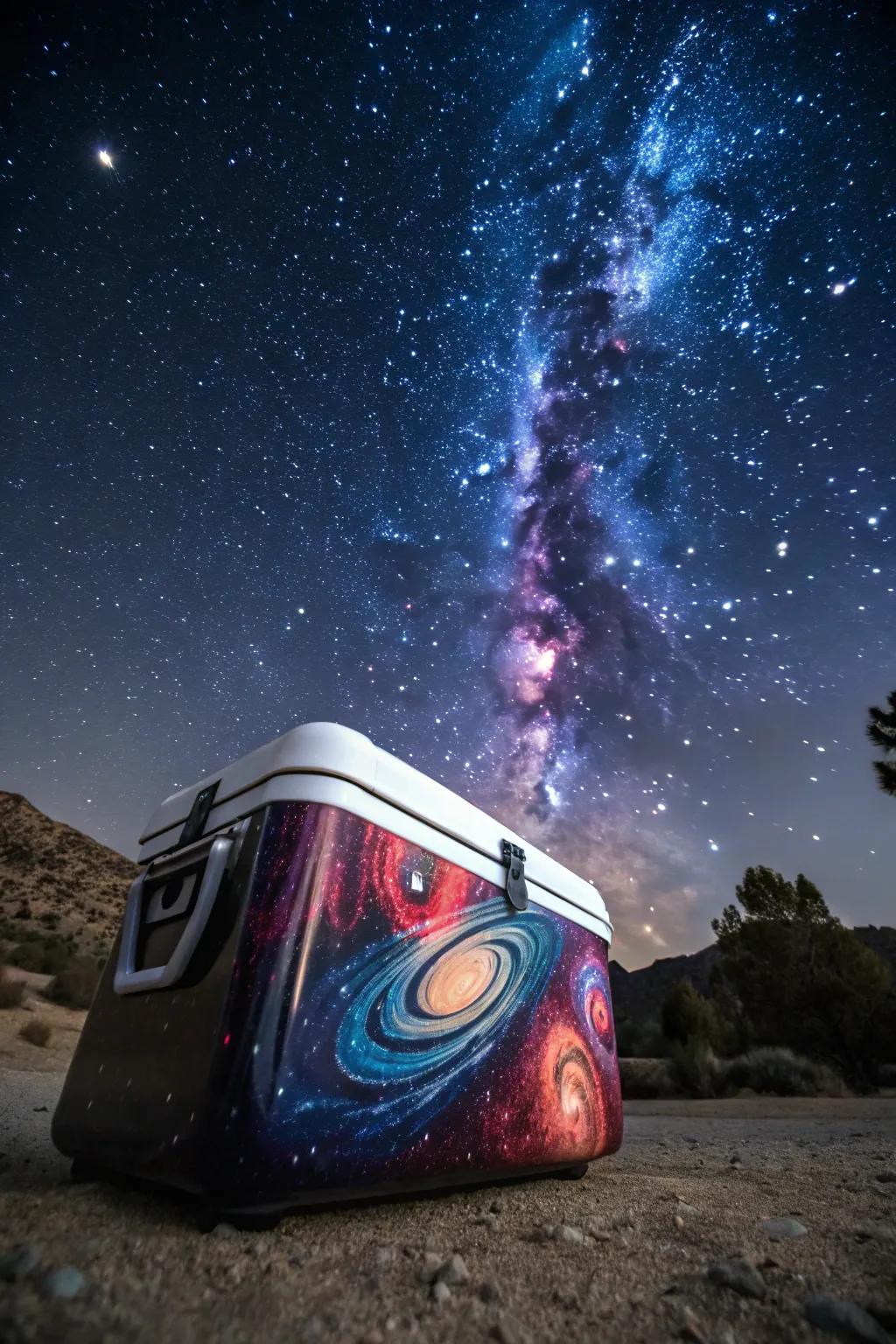 A cooler with outer space graphics for a cosmic touch.
