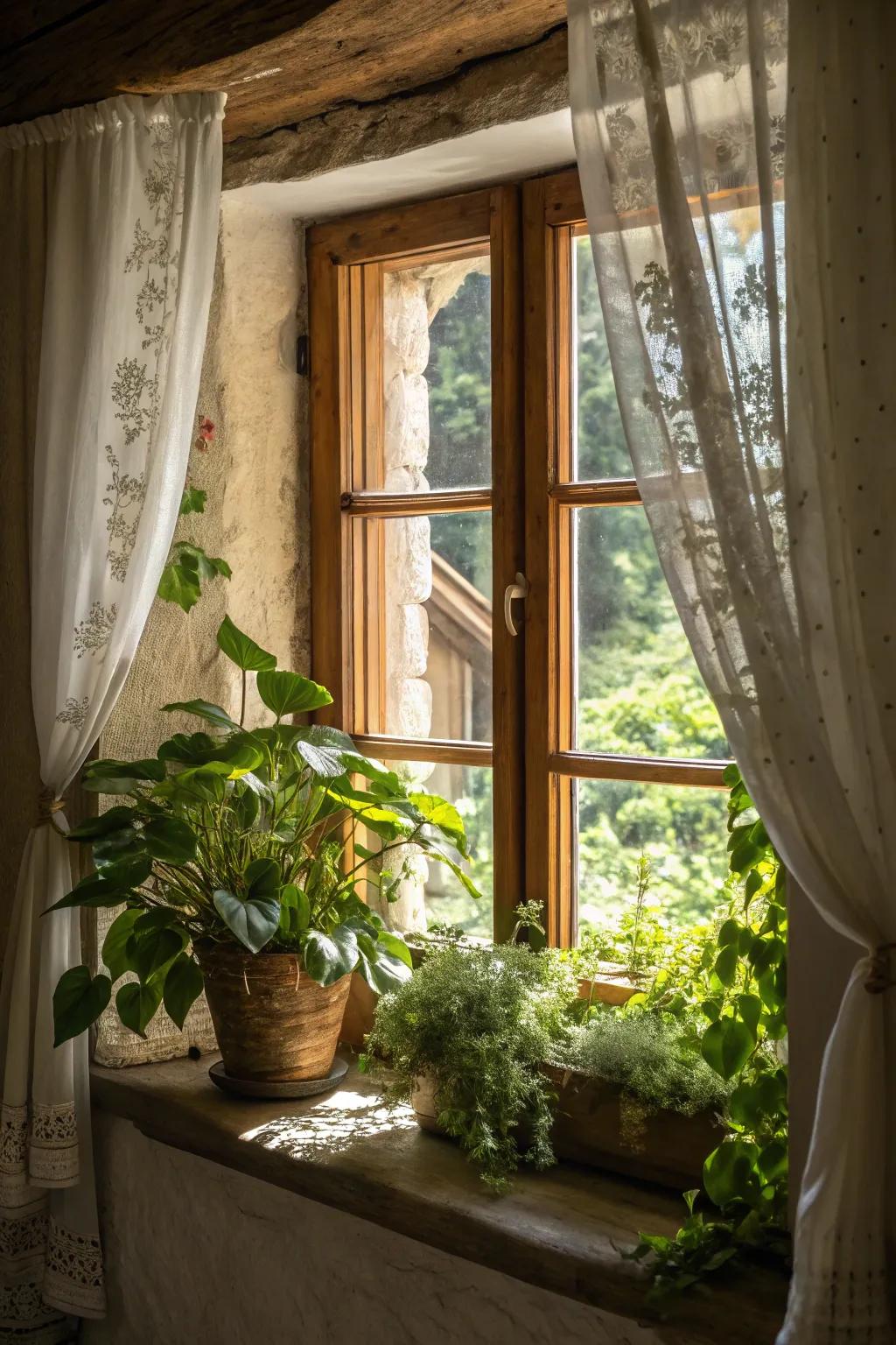 Indoor greenery near windows enhances the natural country aesthetic.
