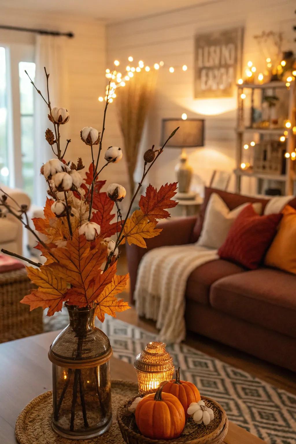 Fall joy with cotton sprigs and leaves.
