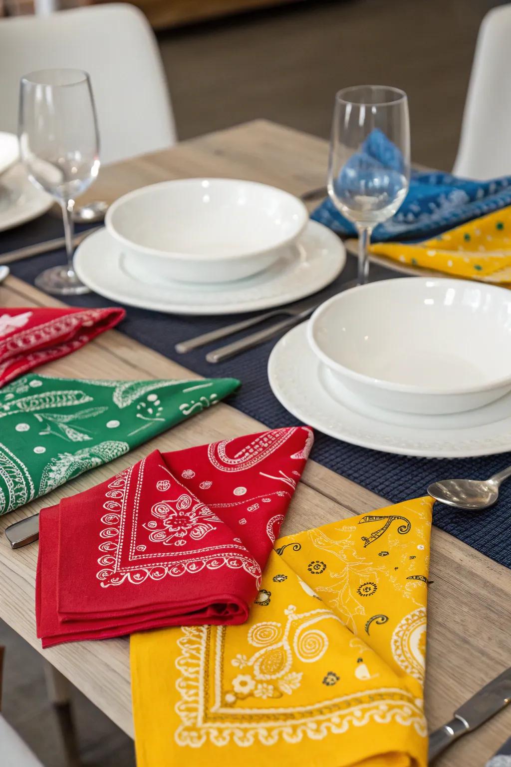 Bandana napkins contribute a vibrant and playful feature.