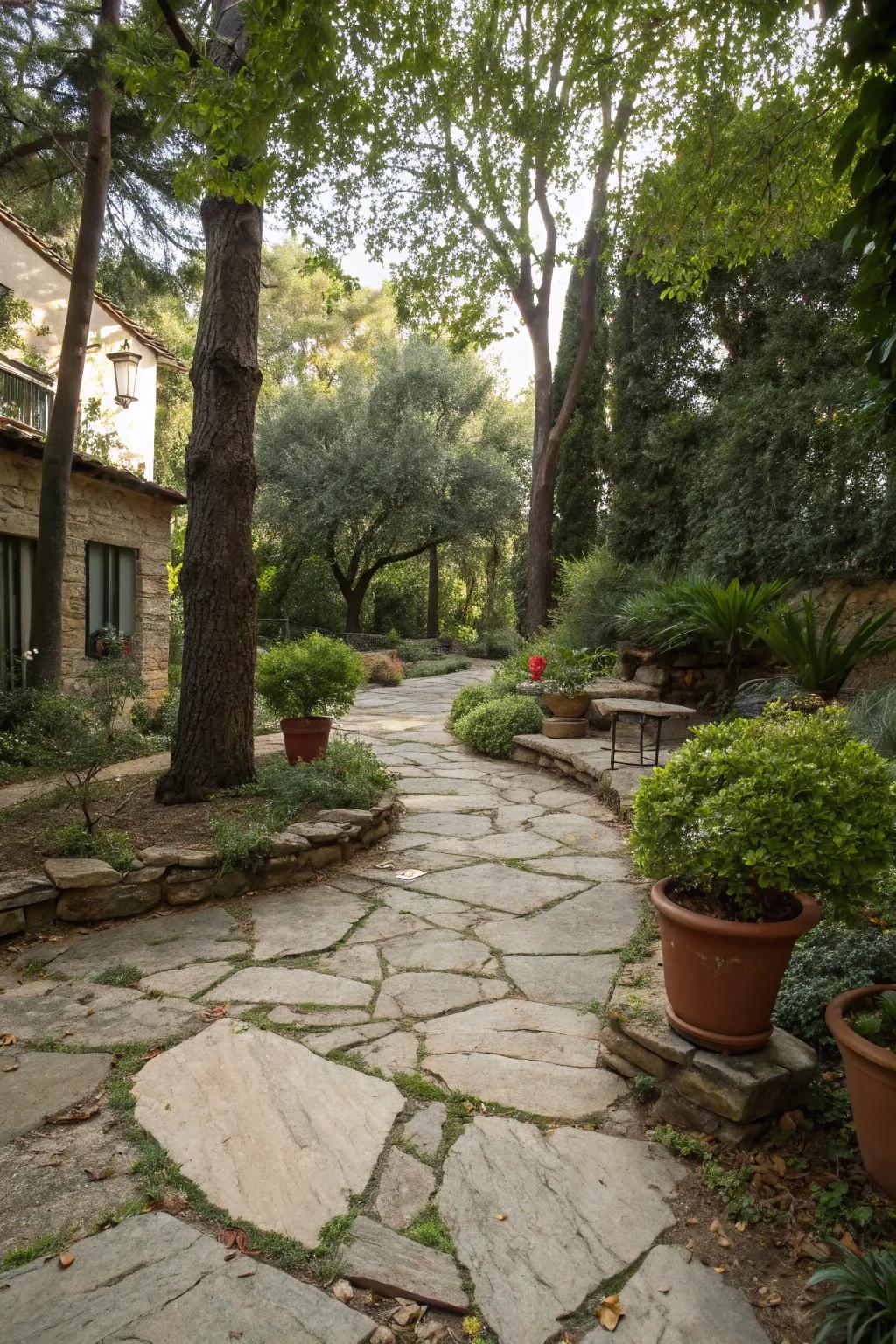Design a rustic atmosphere with natural stone walkways in your courtyard.