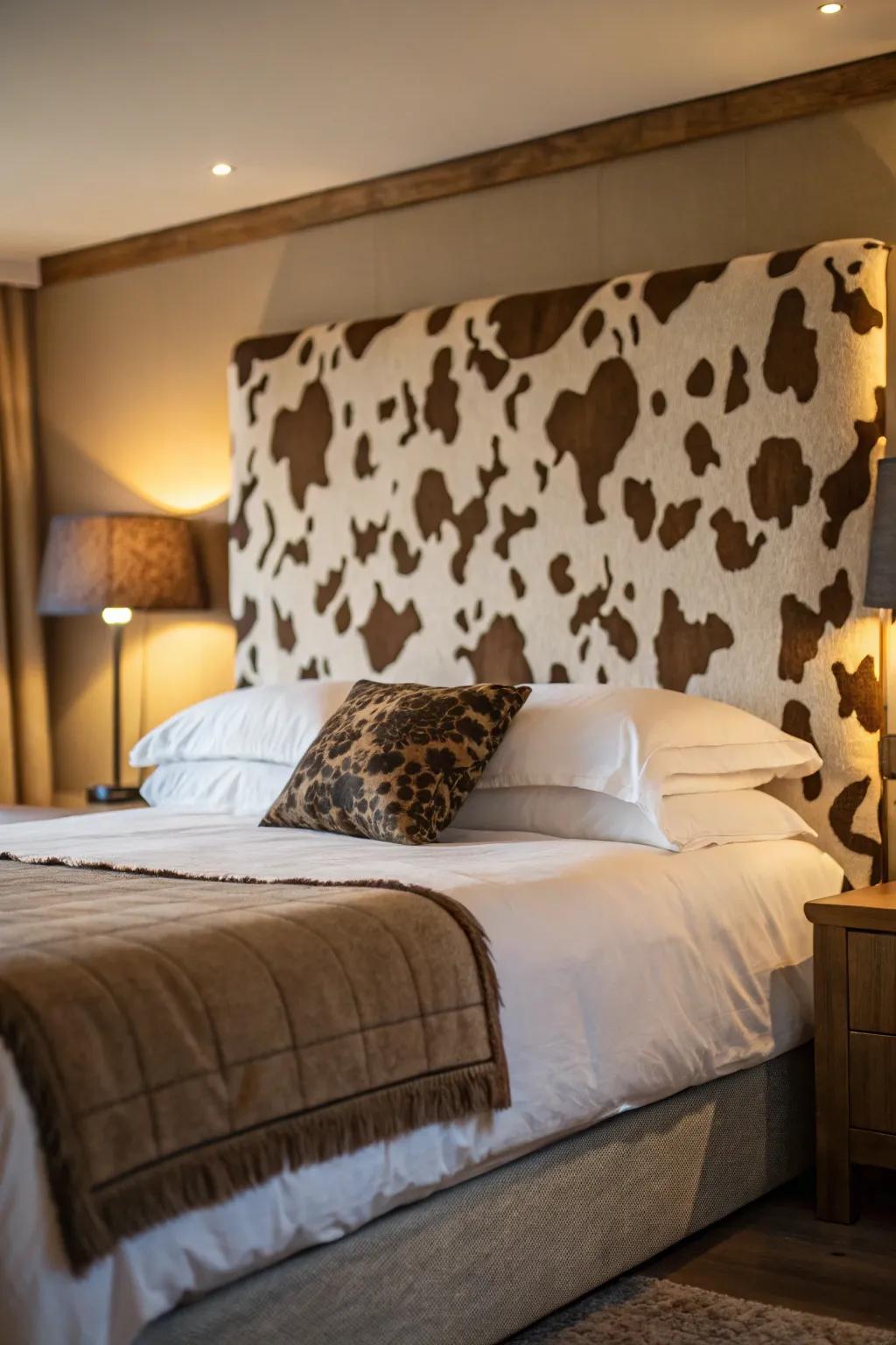 A bovine pattern headboard serves as a stunning space centerpiece.
