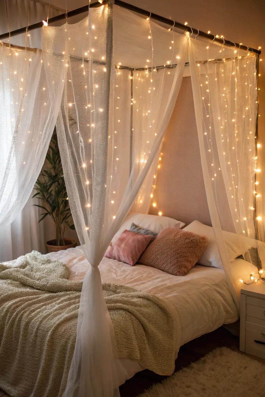 A canopy bed with airy fabric and sparkle lights.