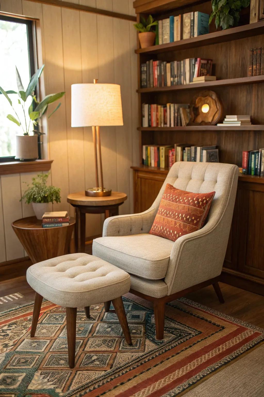 Mid-century modern elements add timeless charm to this inviting reading nook.
