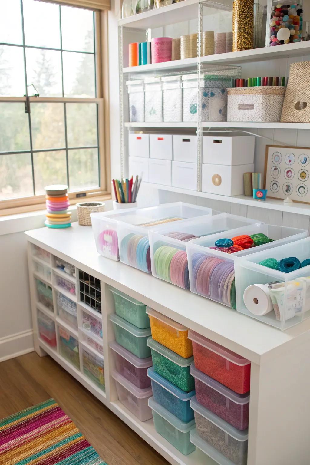 See-through storage aids in maintaining visibility and organization.