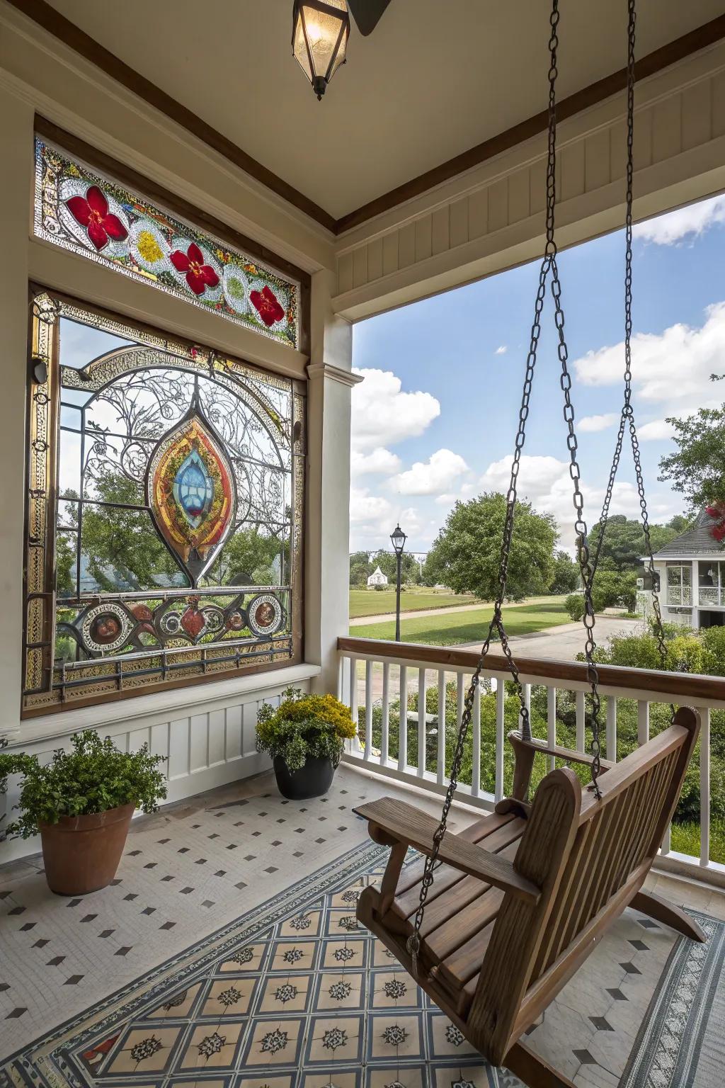 Painted glass introduces an artistic flair to the patio.
