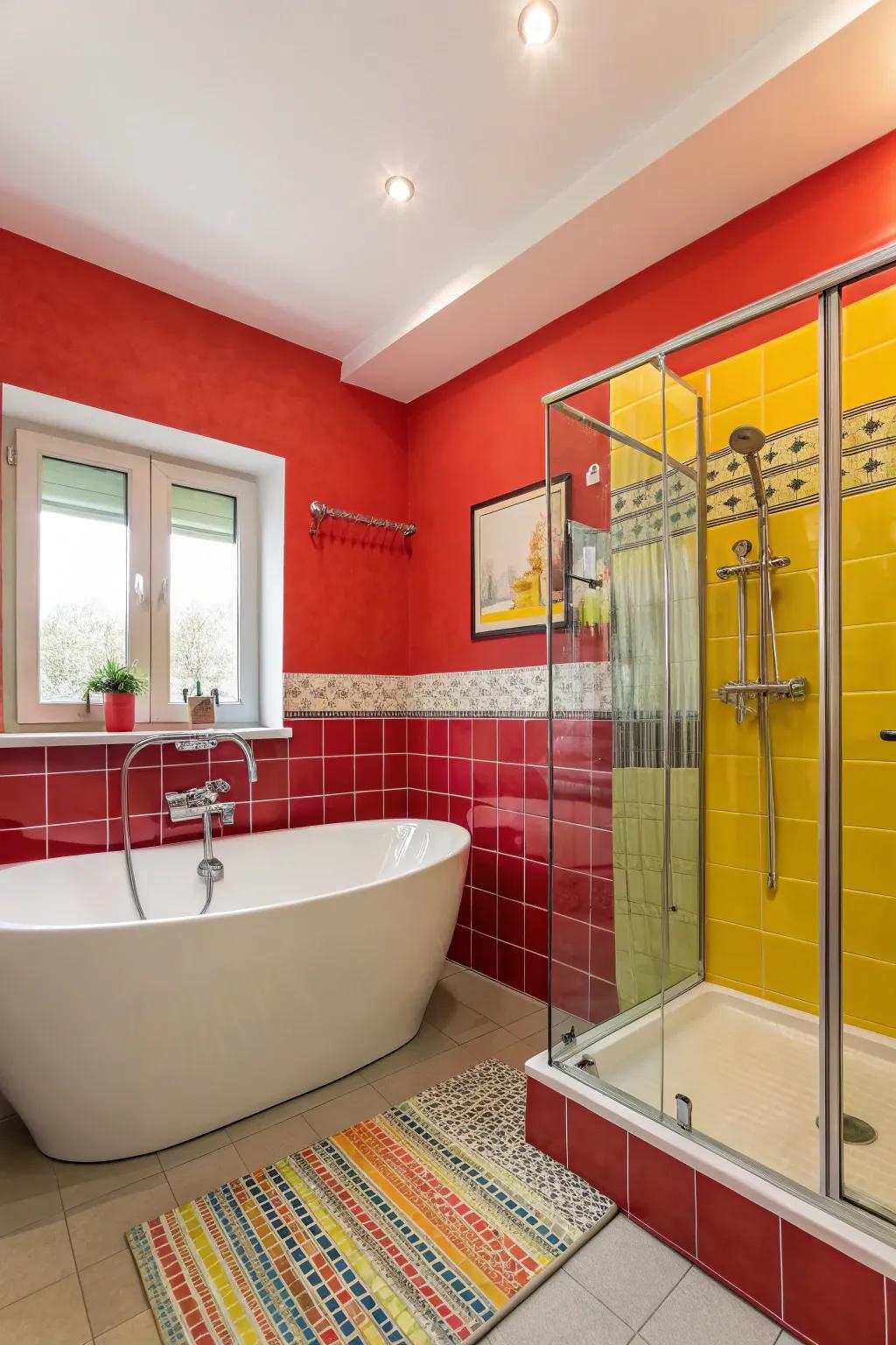 A bathroom flaunting a bold color palette that electrifies the room.