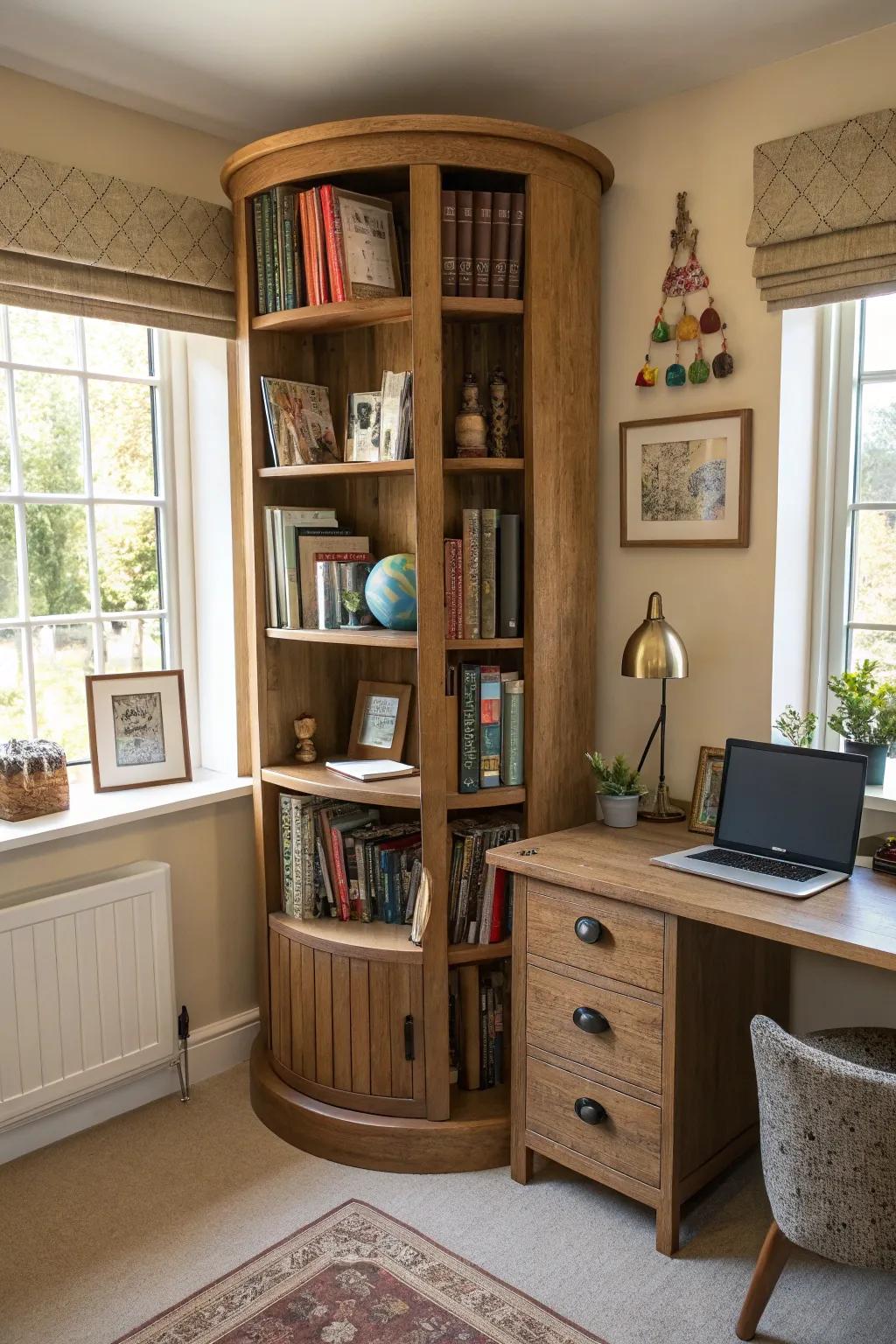 Swiveling bookshelves are playful and practical, ideal for small spaces.