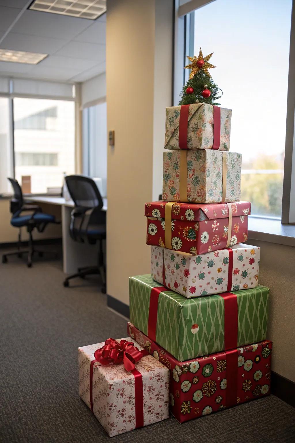 A spire of gift containers contributes celebratory flair to the office.