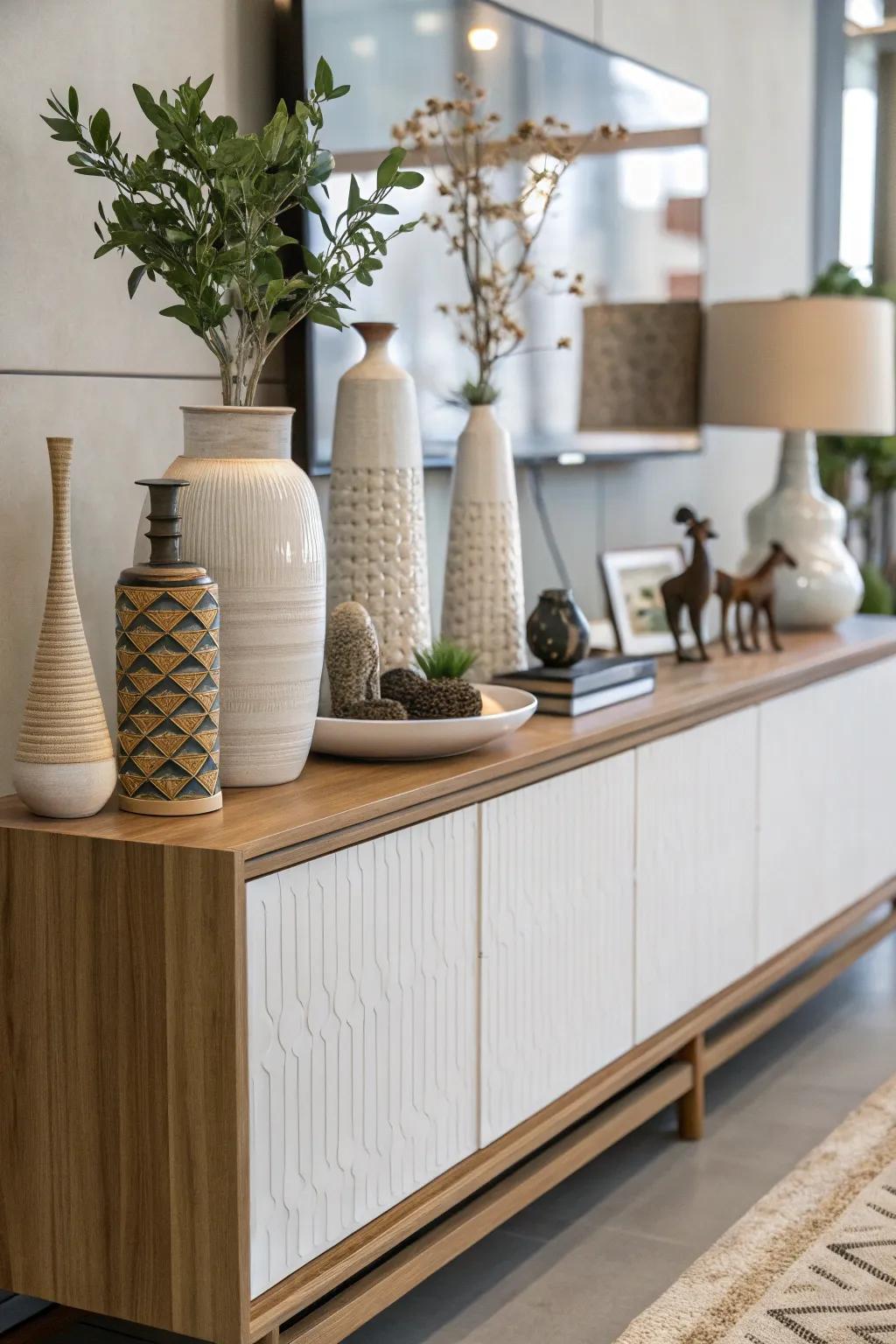 A display cabinet with decor items of varying heights.