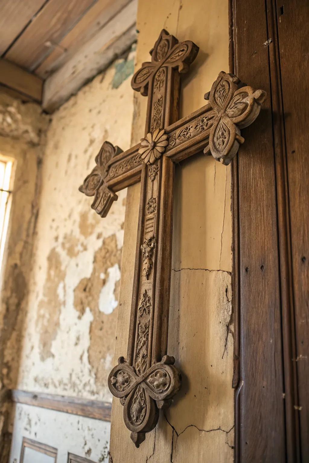 Vintage crucifix wall art projecting historical allure.
