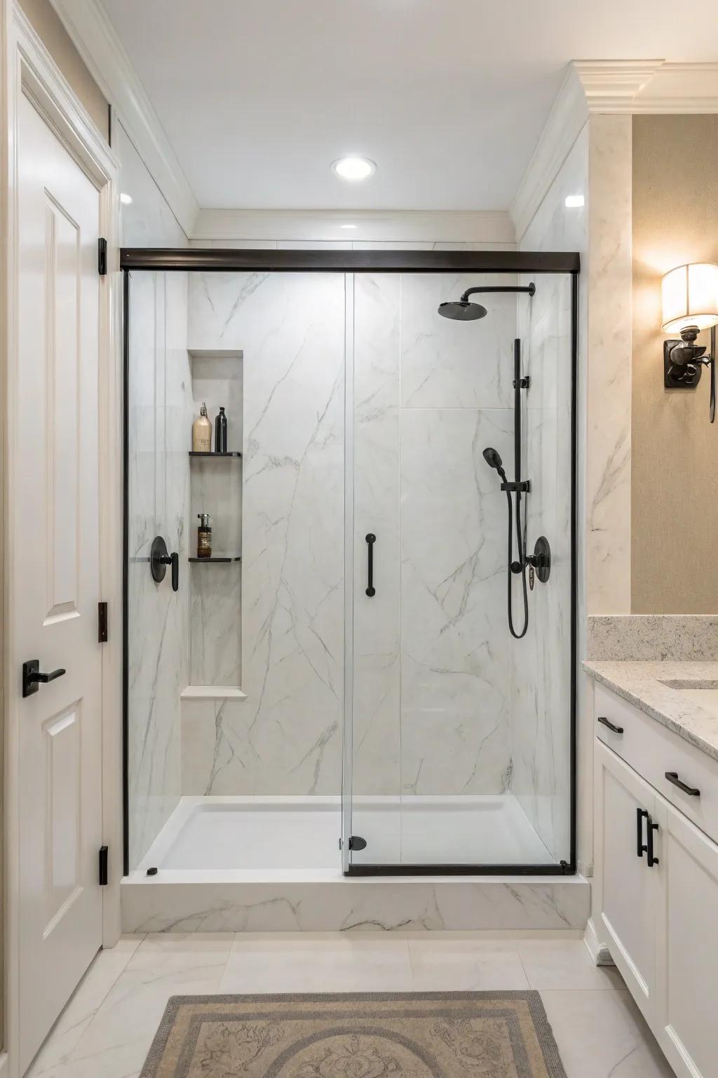 Minimalist hardware allows refined marble alternative to shine.