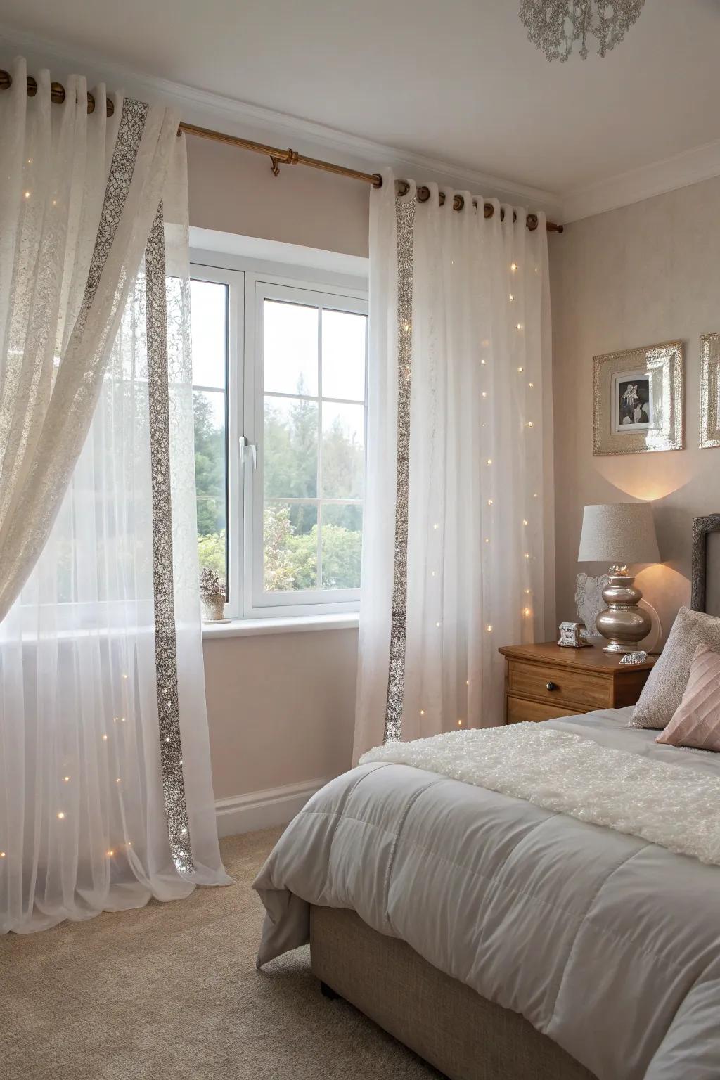 Glamorous sheer drapes with sequin border.