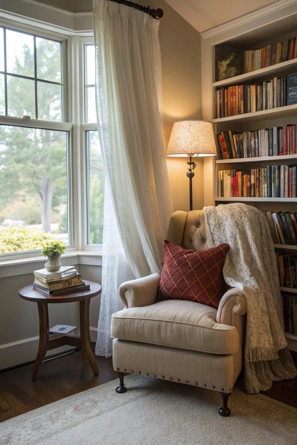 Panel screen defining a cozy reading nook.