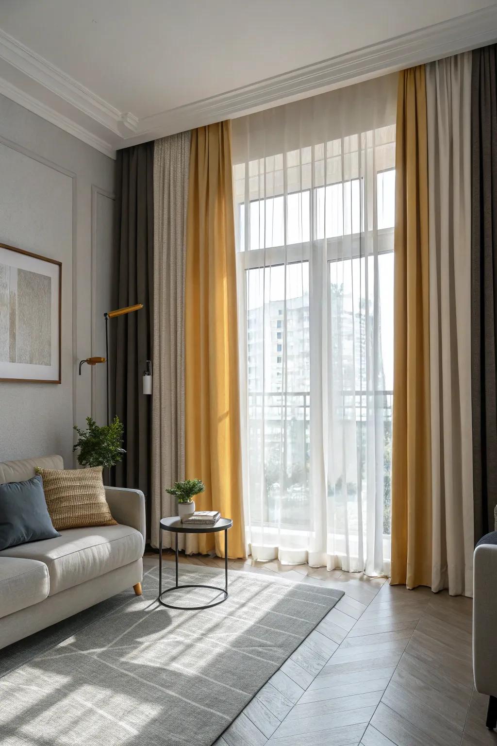 Two-tone window coverings infuse depth and dimension to the decor.